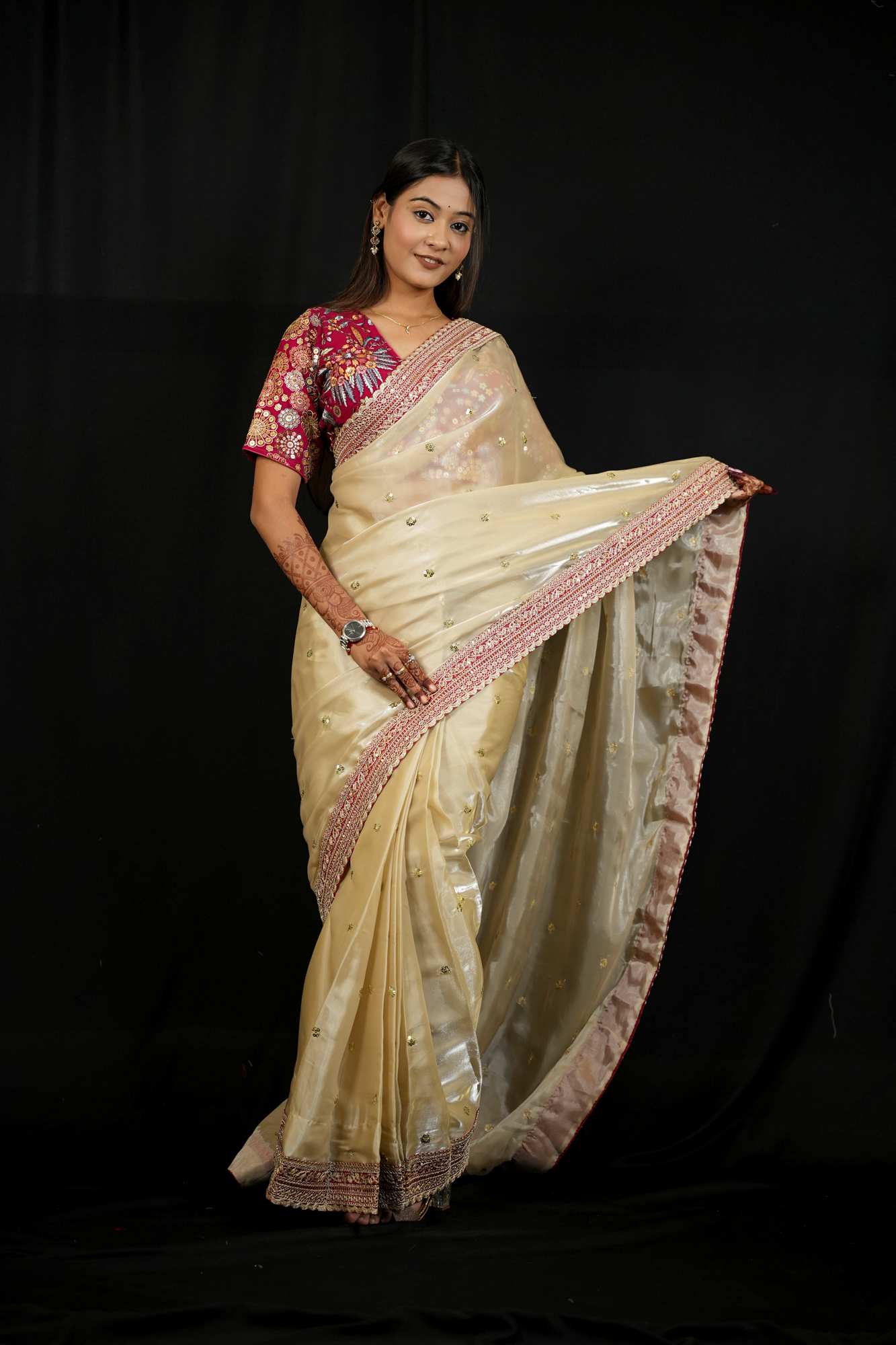 Jimi Chu Fabric with Embroidery Lace Border & Sequin Butti Work Ready To Wear Saree - Image 5