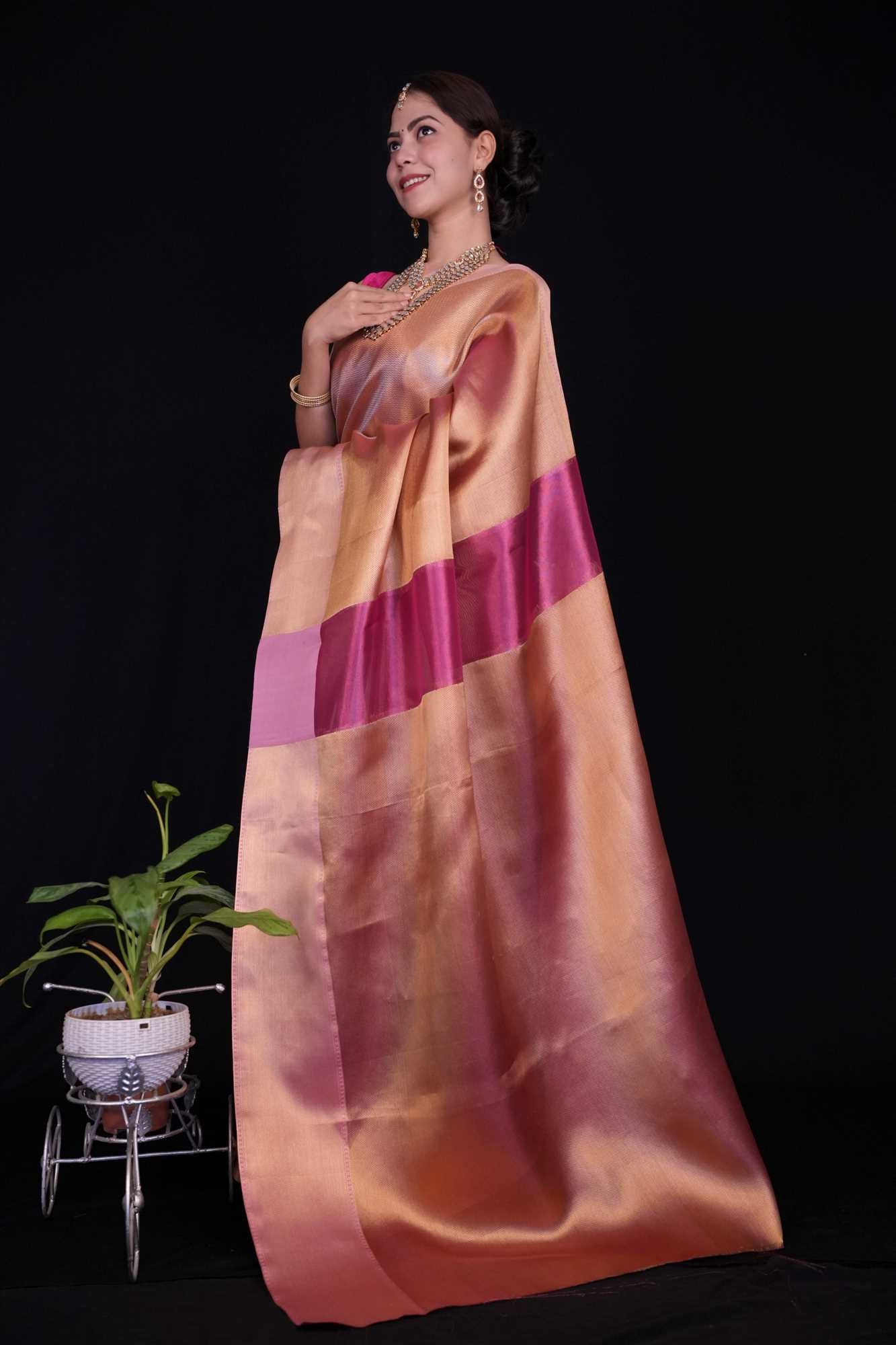 Jyothika Inspired Premium Tissue Silk With Soild Zari Border prestitched saree - Image 3