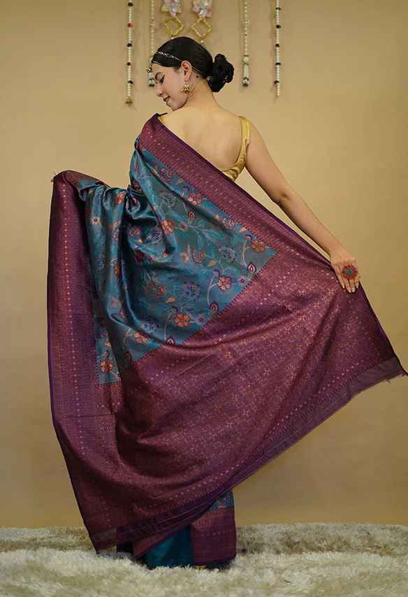 Kanchi Pattu Kanchipuram Soft Silk With Copper Zari Border & Woven Work Wrap in 1 minute saree - Image 2