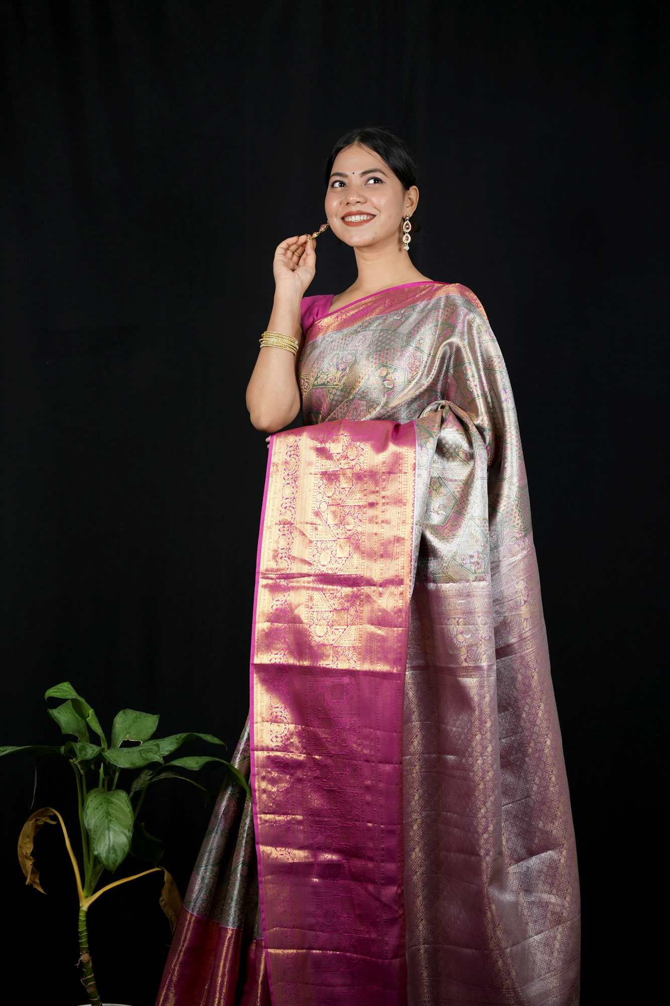 Kanchi Pattu with Intricate Floral Weave & Grand Zari Border Ready To Wear Saree - Image 9