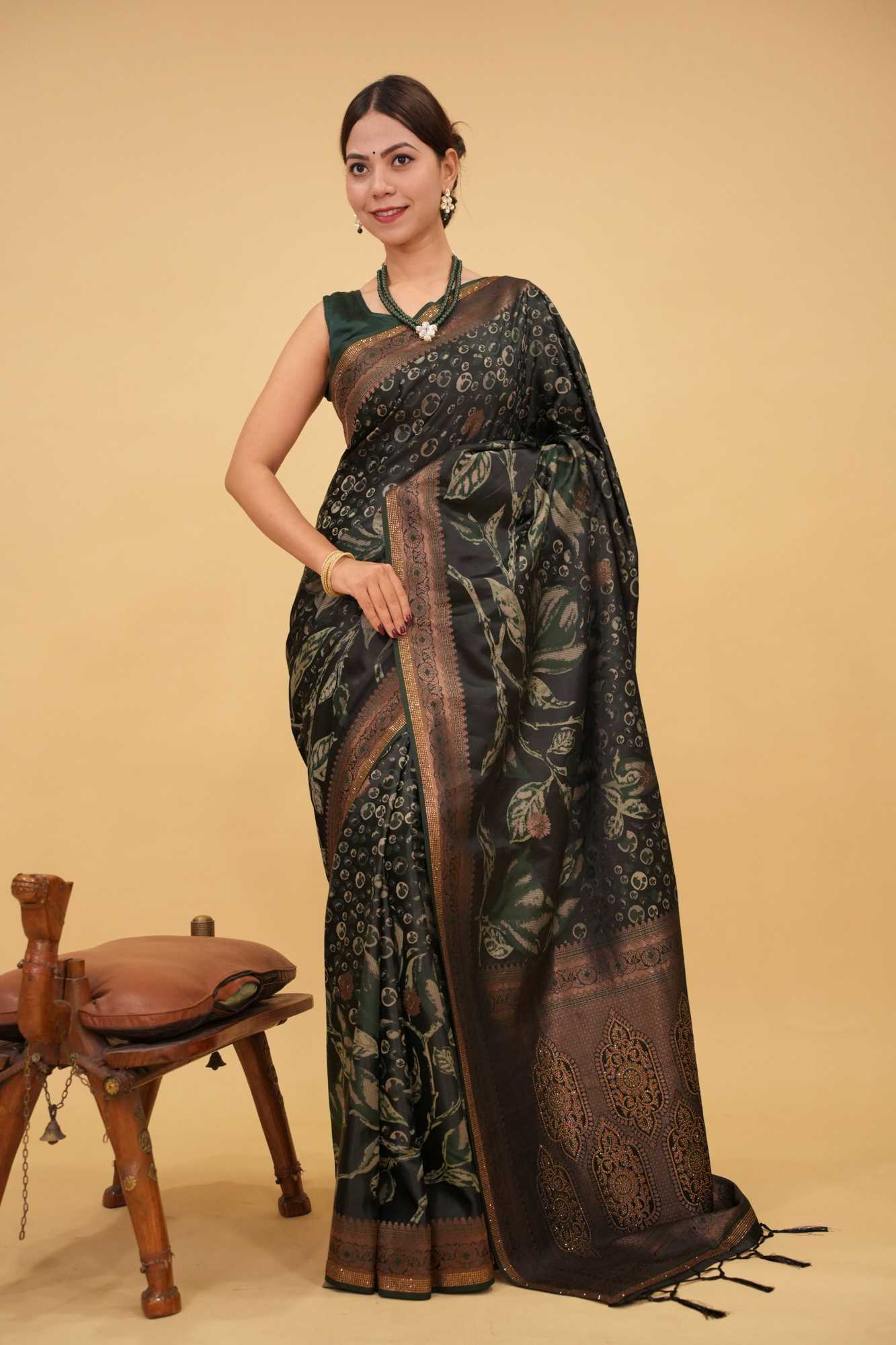 Kanchipuram Bottle Green Overall golden work With Zari Border & Pallu Stone Embellished Wrap in 1 minute saree - Image 2