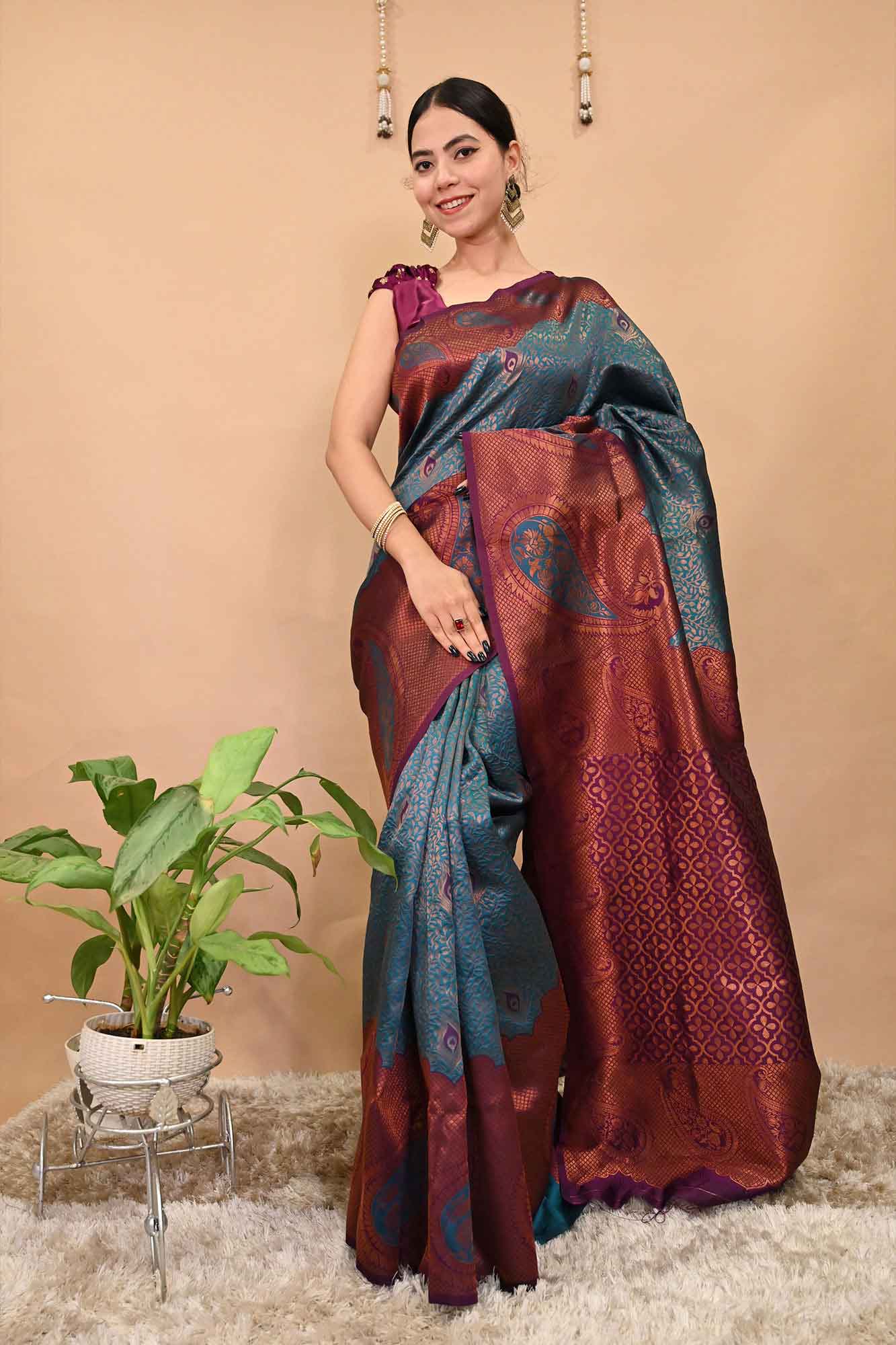 Kanchipuram Pattu meets Banarasi Brocade Teal Blue With Copper Zari Bordered Paisley Woven With Ornate Pallu Pre Drape Saree - Image 2
