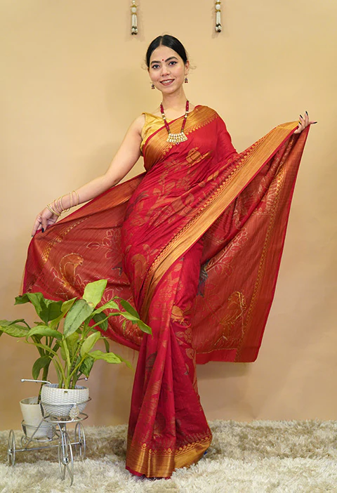 Kanchipuram Traditional Self Woven Madhubani Art With Broad Zari Border Ready To Wear Saree - Image 2
