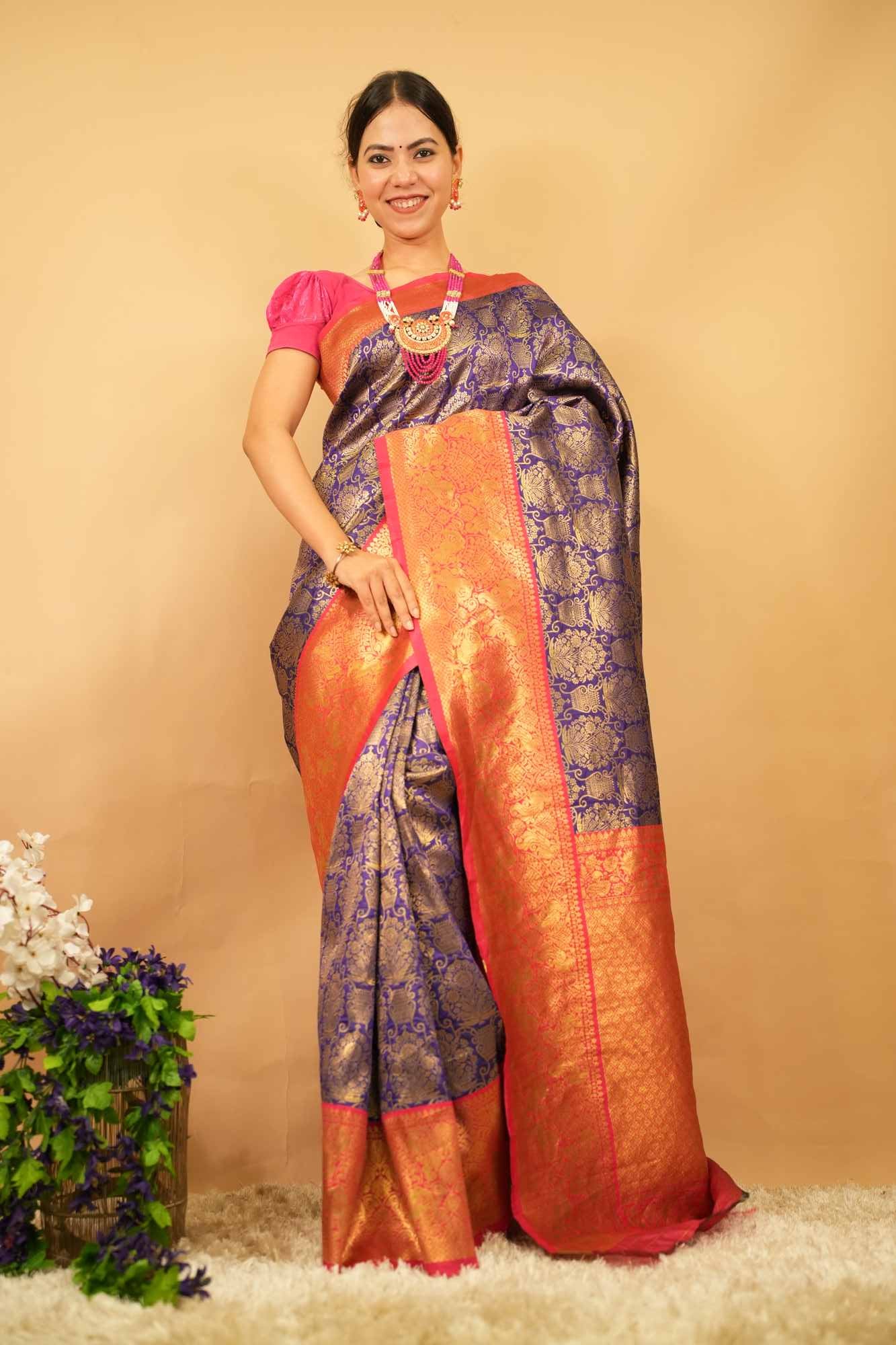 Kanjivaram Pattu Purple Banarasi Brocade  With Red Zari Bordered Paisley  Ready To Wear Saree - Image 2