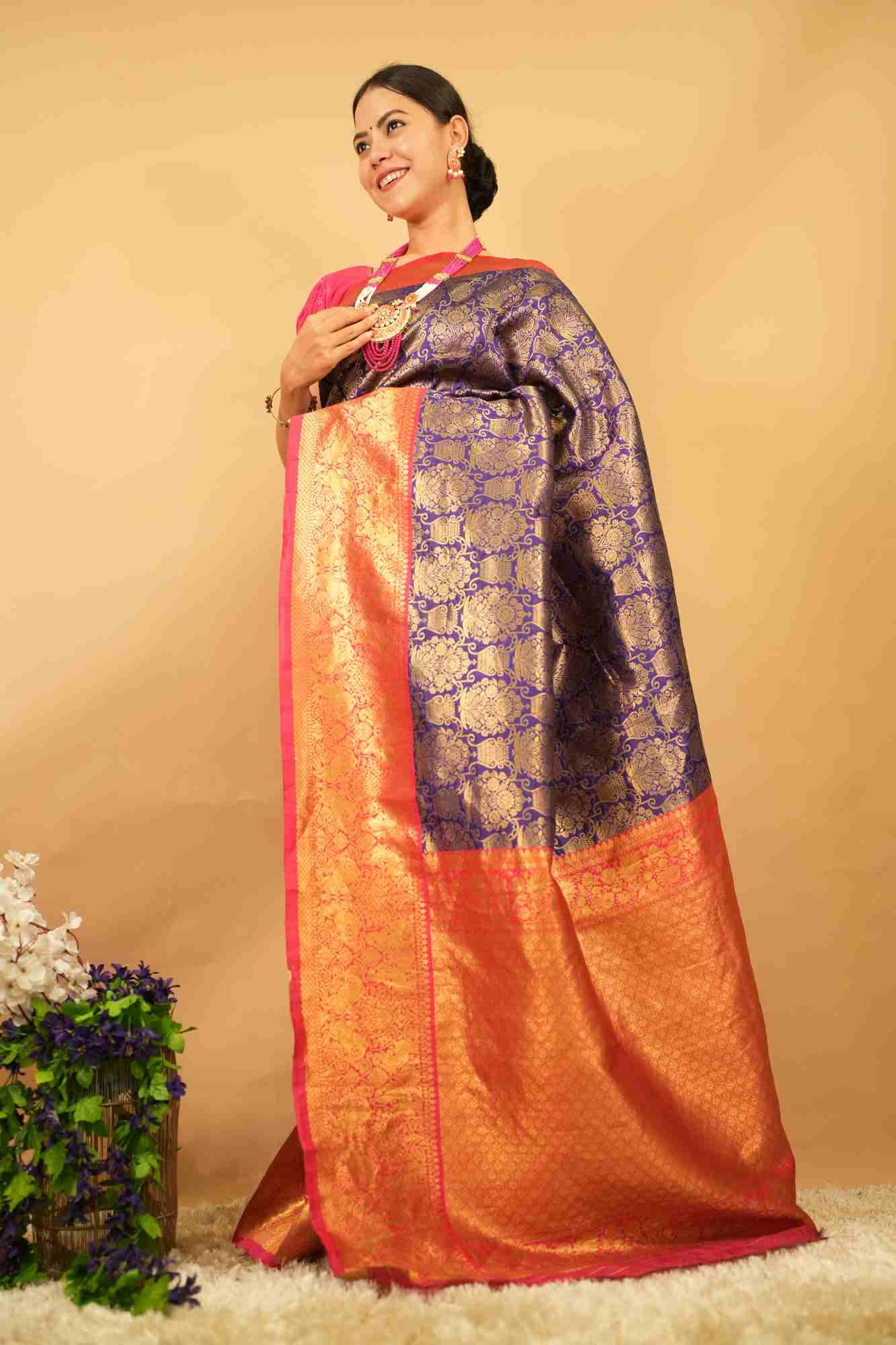 Kanjivaram Pattu Purple Banarasi Brocade  With Red Zari Bordered Paisley  Ready To Wear Saree - Image 4