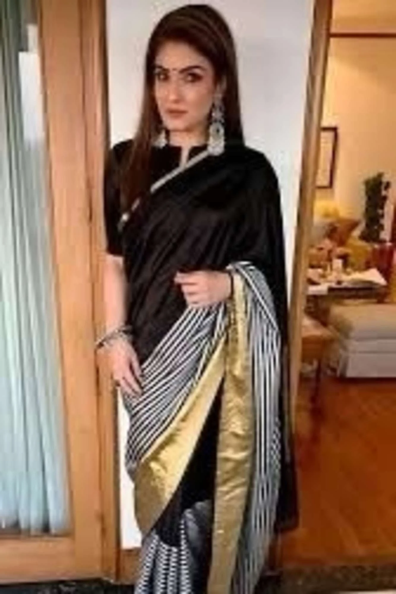 Raveena Tandon inspired semi katan silk Black & White Striped with Gold Zari Border Ready To Wear Saree - Image 10