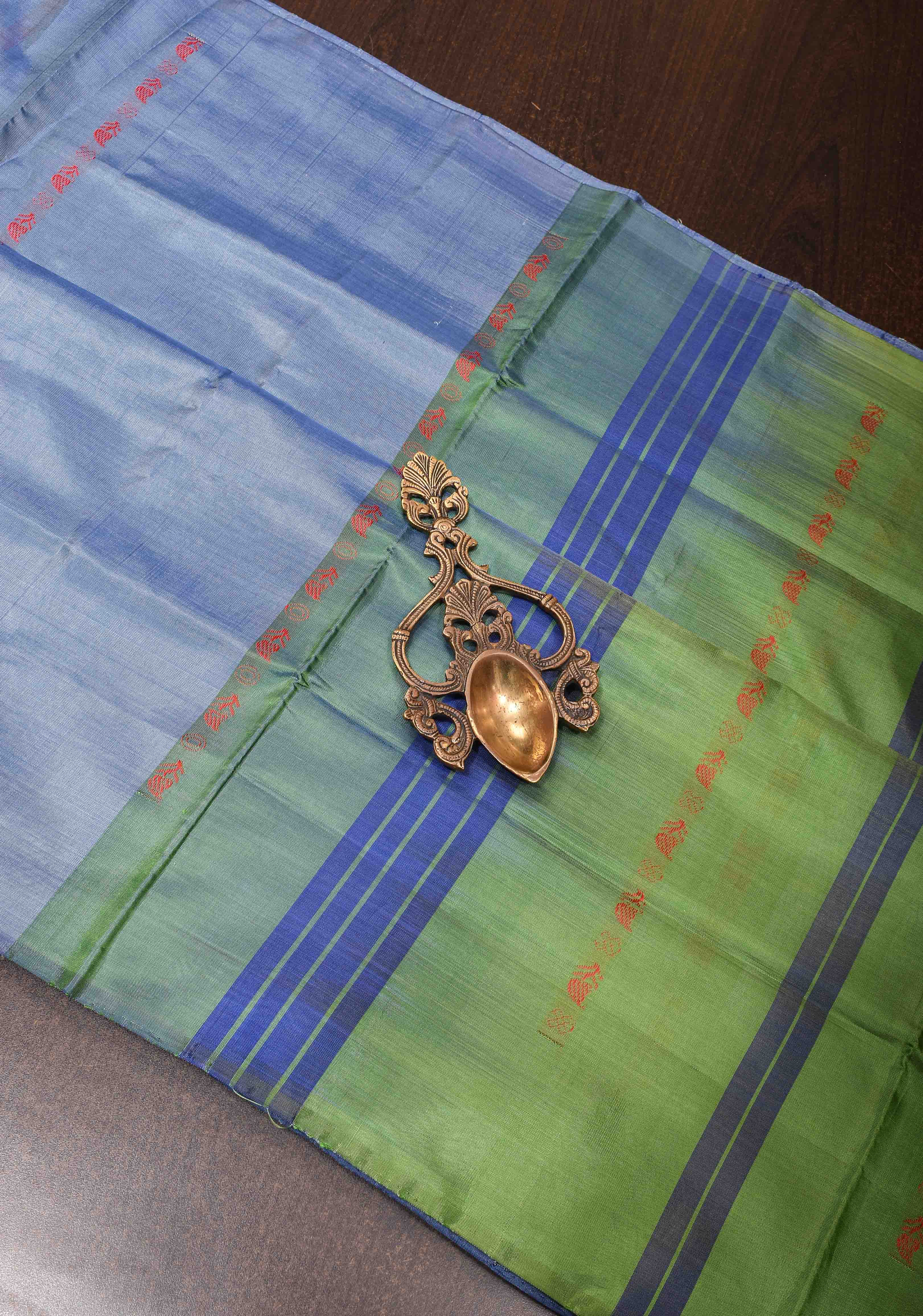 Vegan Silk Handloom Saree in Shades of Pastel Blue | Shobitam - Image 2