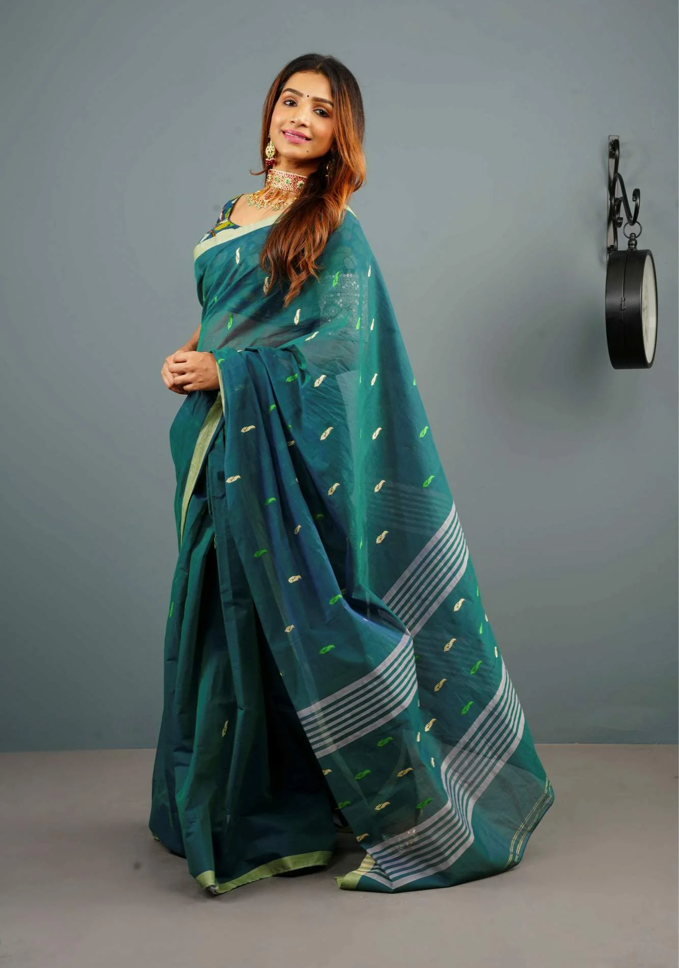 Kenaf Cotton Vegan Handloom ready to wear Saree in Teal with Meenakari Resham Buttas and Minimal Border (No Blouse Piece) Ready to wear saree - Image 2