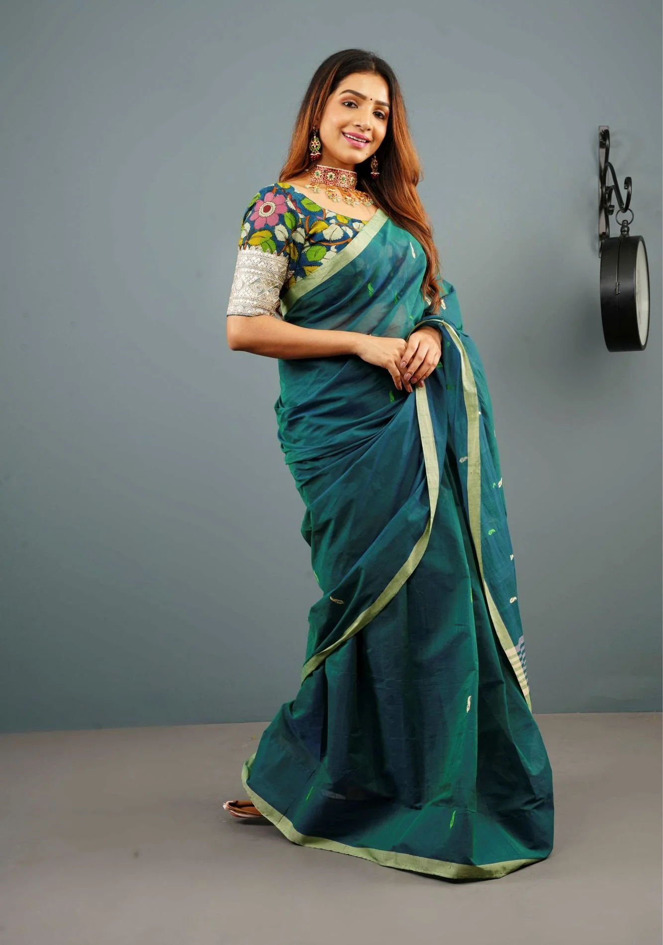 Kenaf Cotton Vegan Handloom ready to wear Saree in Teal with Meenakari Resham Buttas and Minimal Border (No Blouse Piece) Ready to wear saree - Image 7