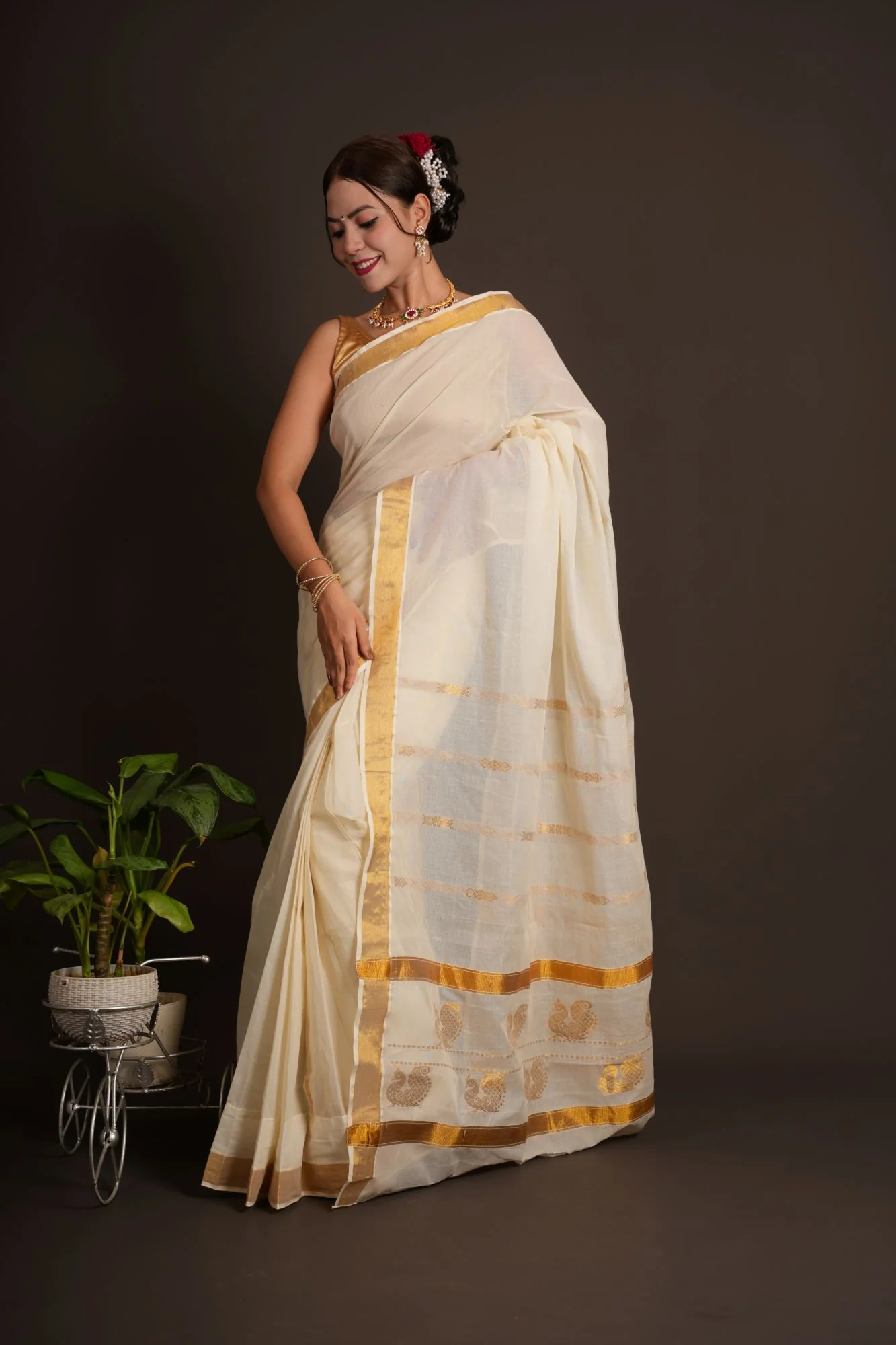 Kerala Kasavu with zari border wrap in 1 minute saree - Image 10