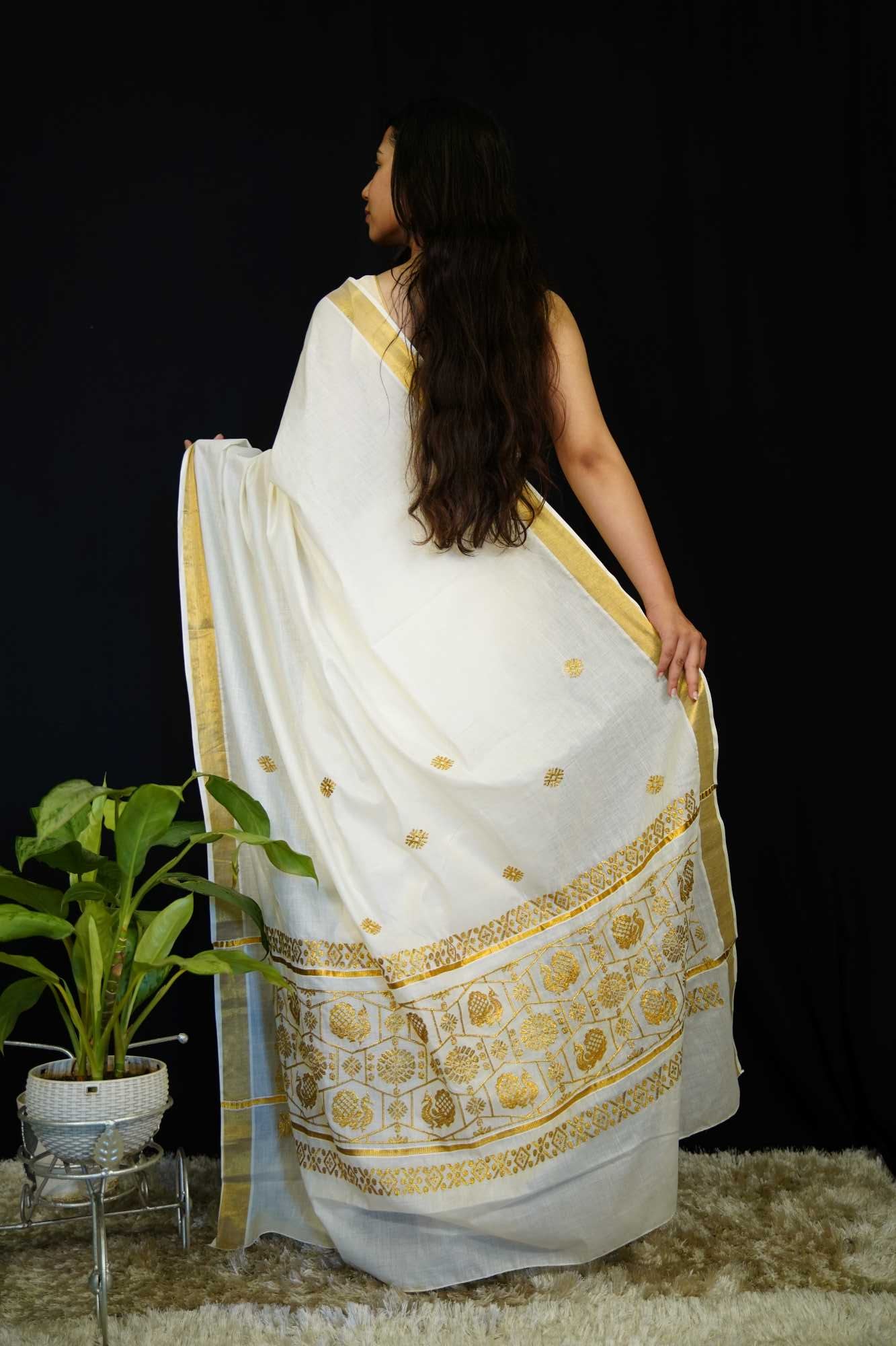 Kerala Kasavu with zari border wrap in 1 minute saree - Image 8