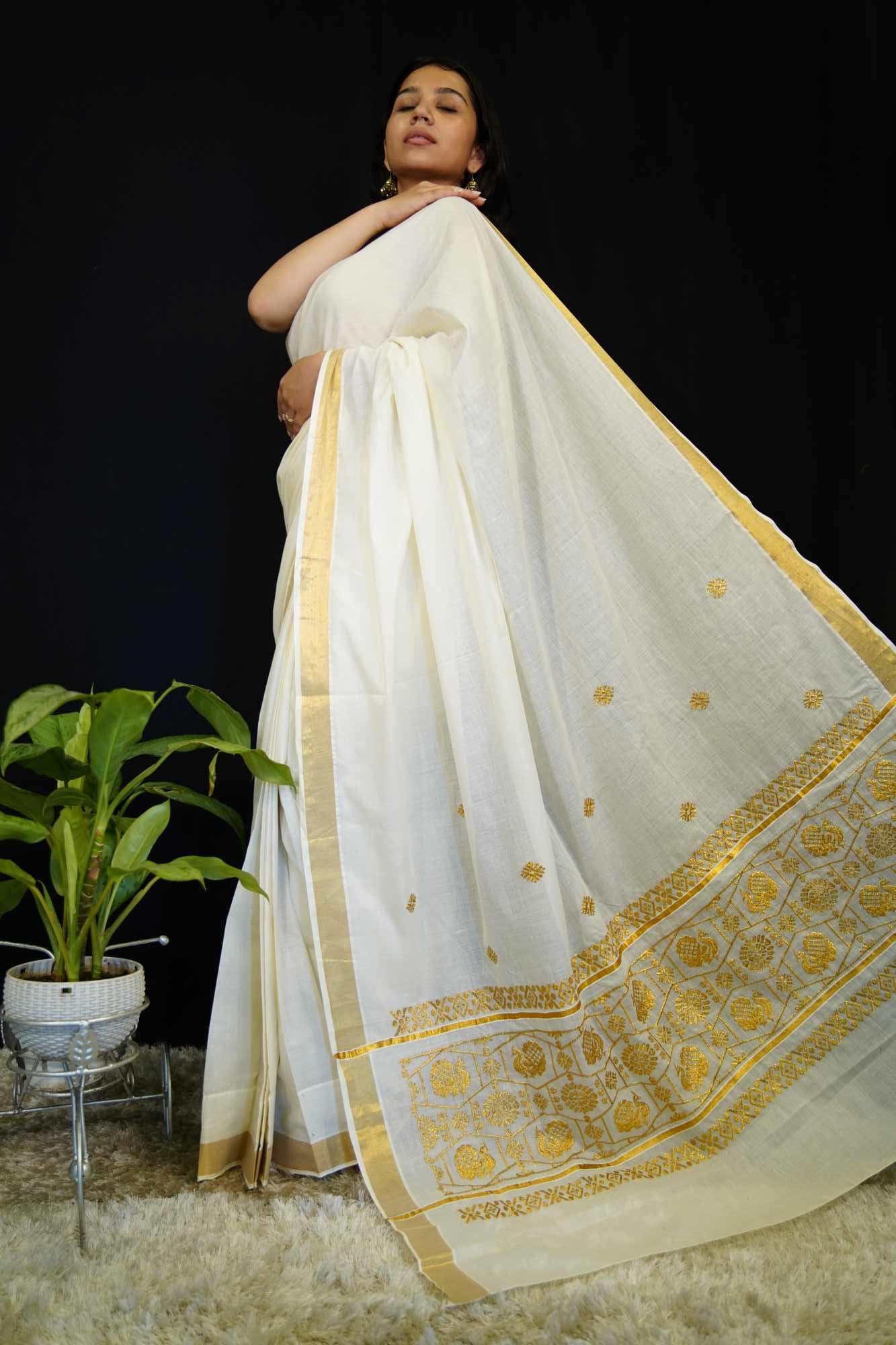 Kerala Kasavu with zari border wrap in 1 minute saree - Image 9