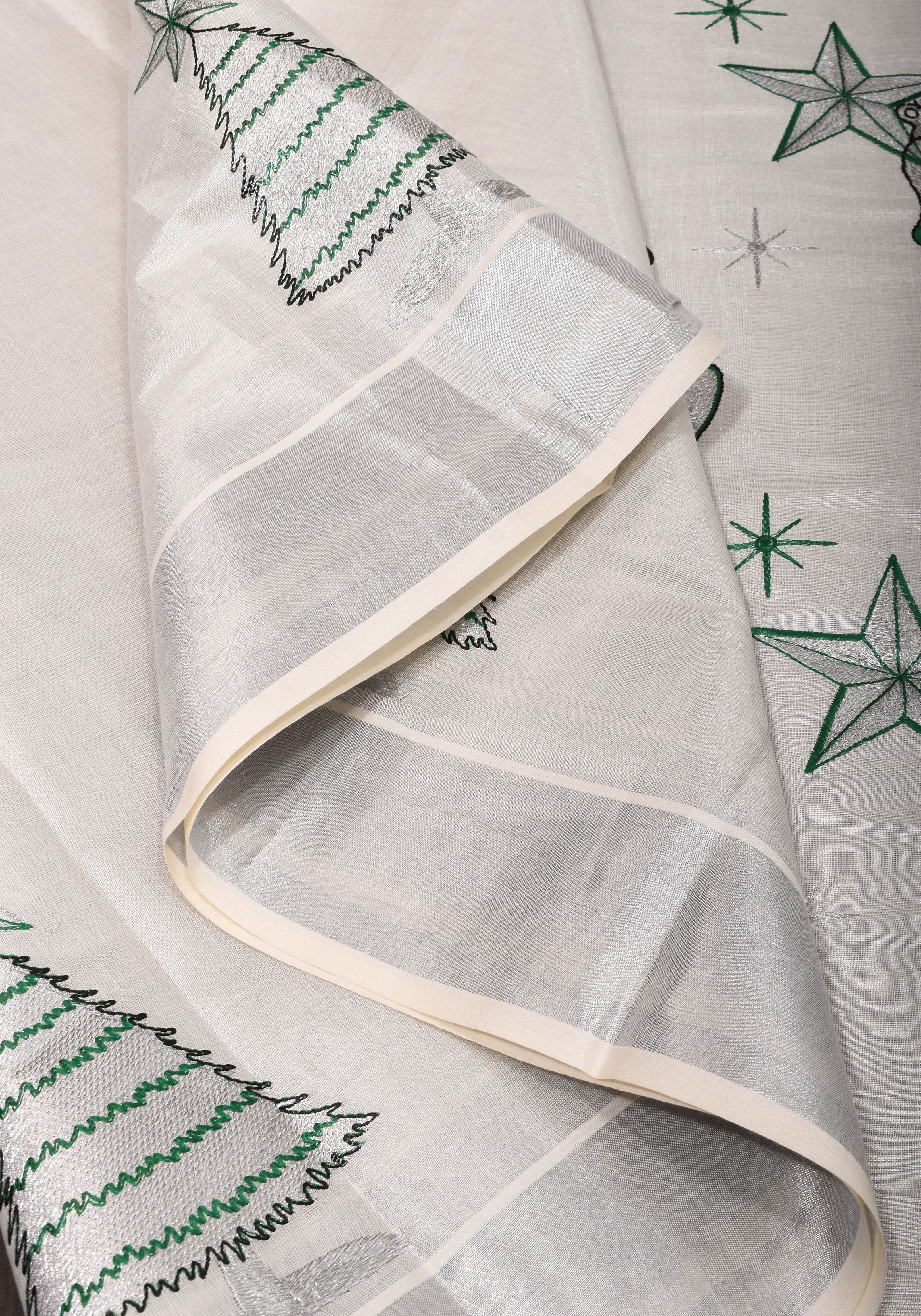 Kerala Tissue Cotton Saree with bells and stars motifs and Zari Border | Shobitam - Image 10