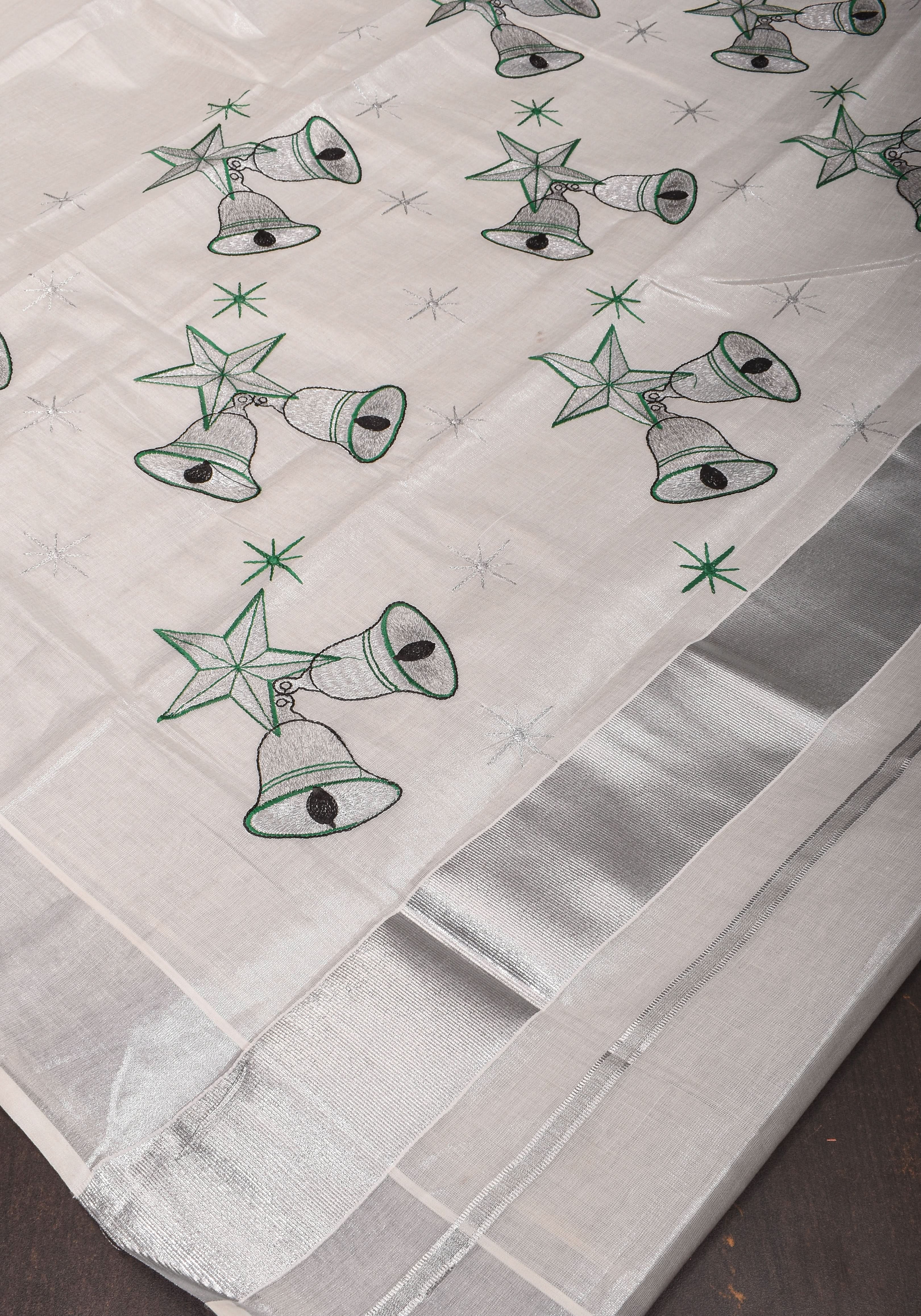 Kerala Tissue Cotton Saree with bells and stars motifs and Zari Border | Shobitam - Image 5