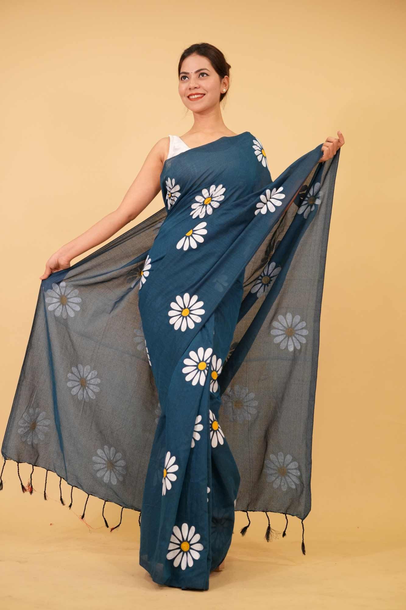 Khadi Cotton Teal Blue  with Floral Painted and tassel on pallu Wrap In One Minute Saree - Image 7
