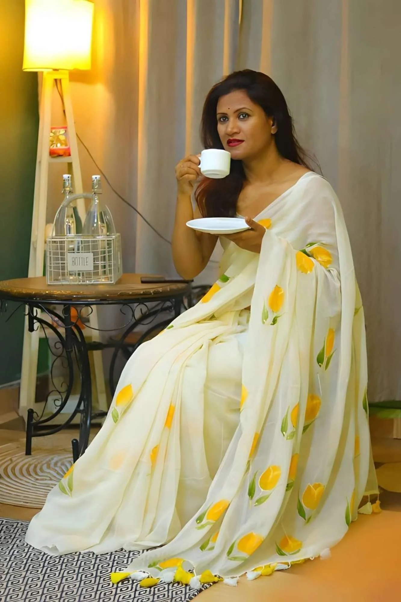 Khadi Cotton with Inspired print Yellow Floral Motifs Ready To Wear Saree - Image 10