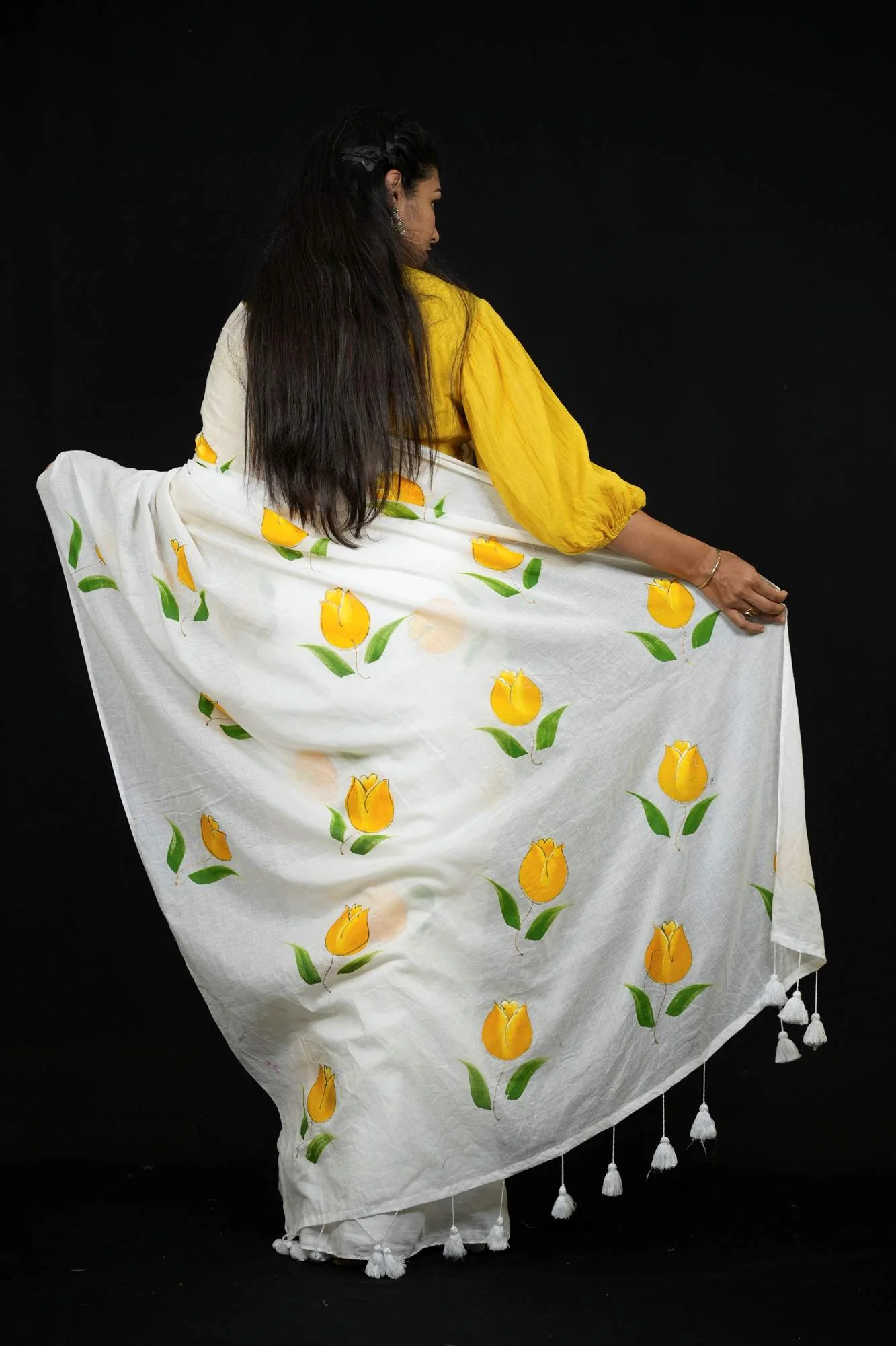 Khadi Cotton with Inspired print Yellow Floral Motifs Ready To Wear Saree - Image 6