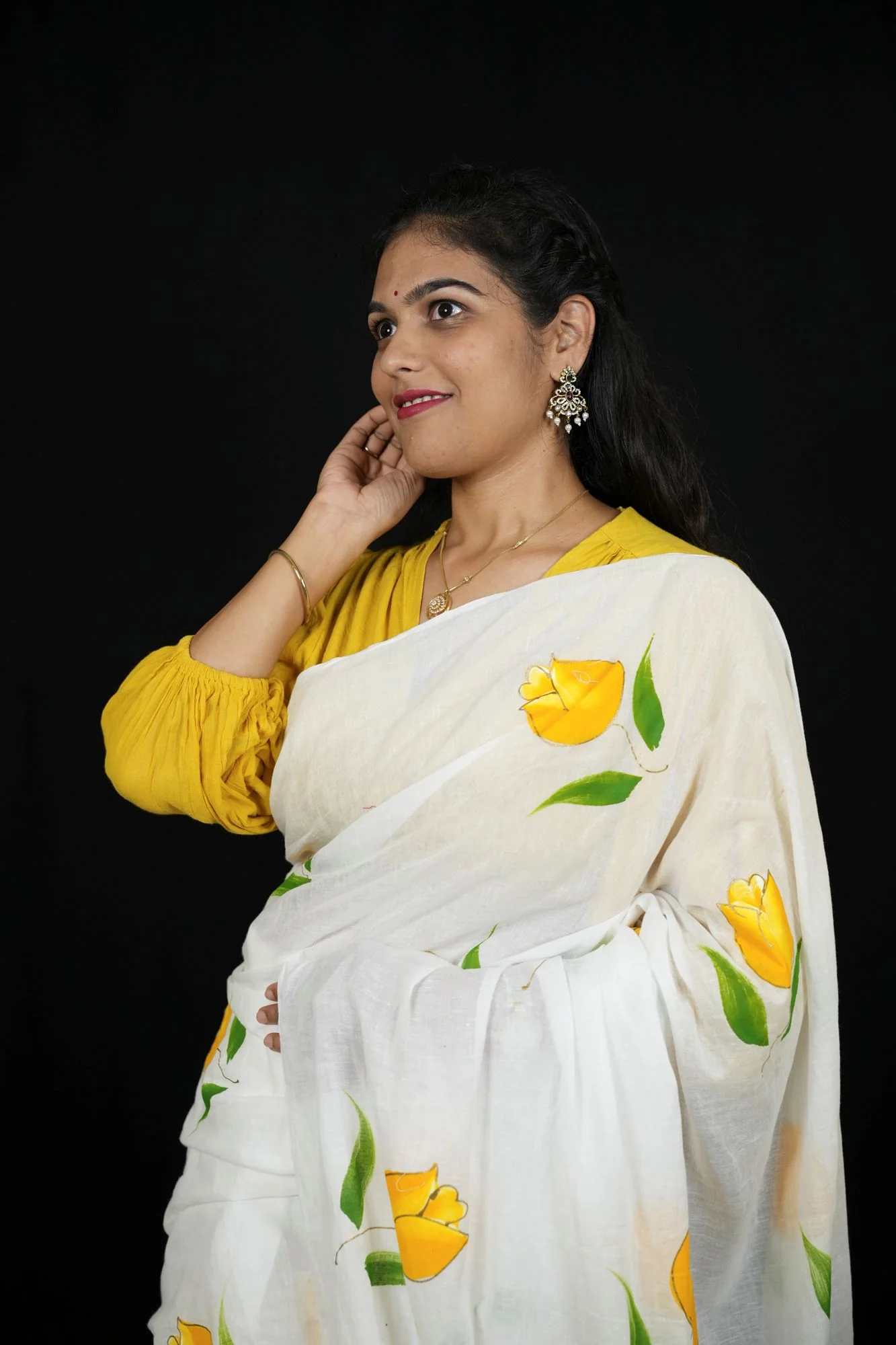 Khadi Cotton with Inspired print Yellow Floral Motifs Ready To Wear Saree - Image 9