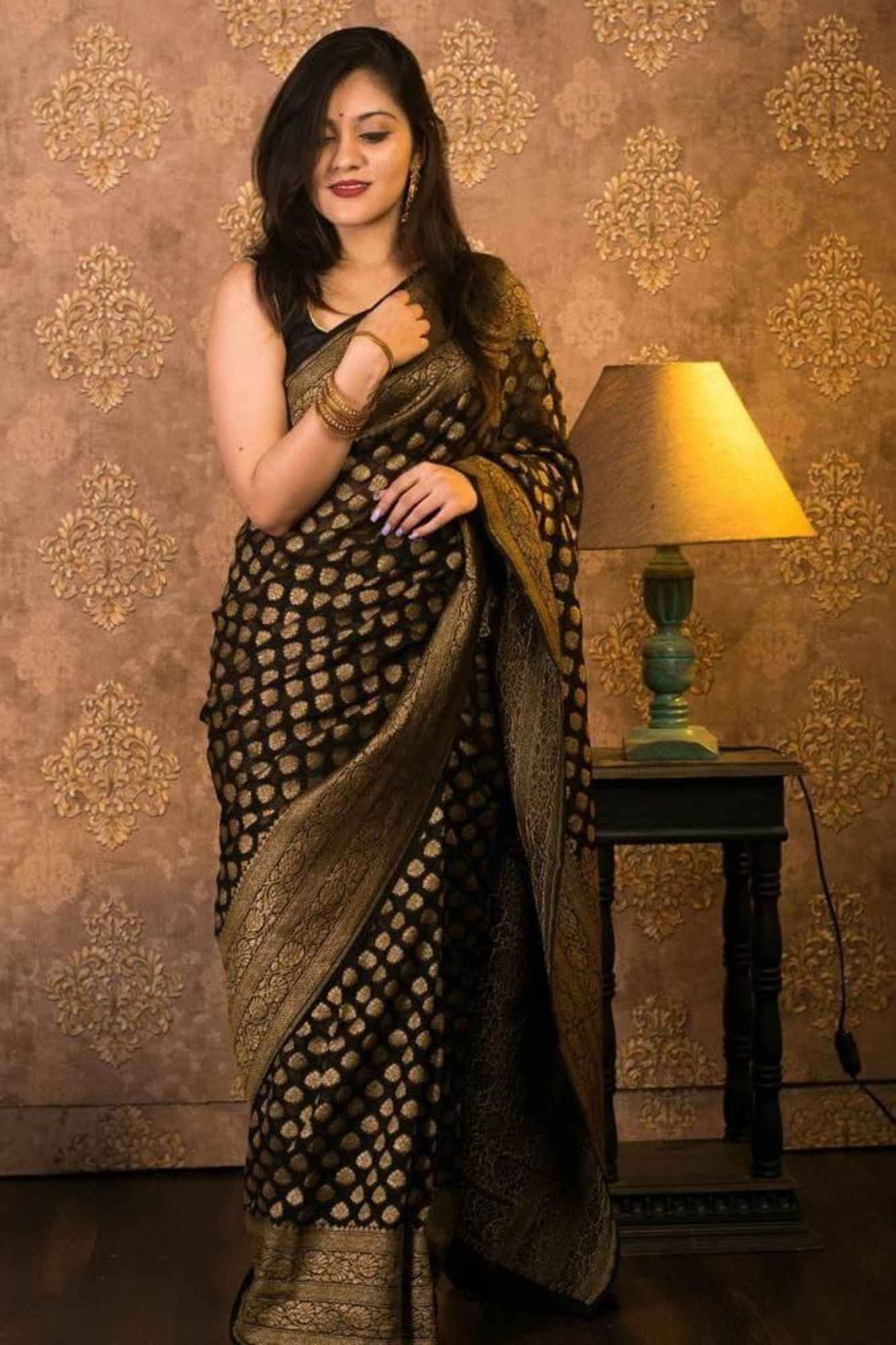 Khadi Georgette Silk IN Black with Golden Woven Motifs Ready To Wear Saree - Image 12