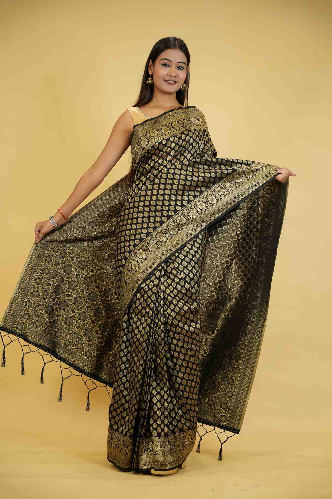 Khadi Georgette Silk IN Black with Golden Woven Motifs Ready To Wear Saree - Image 2