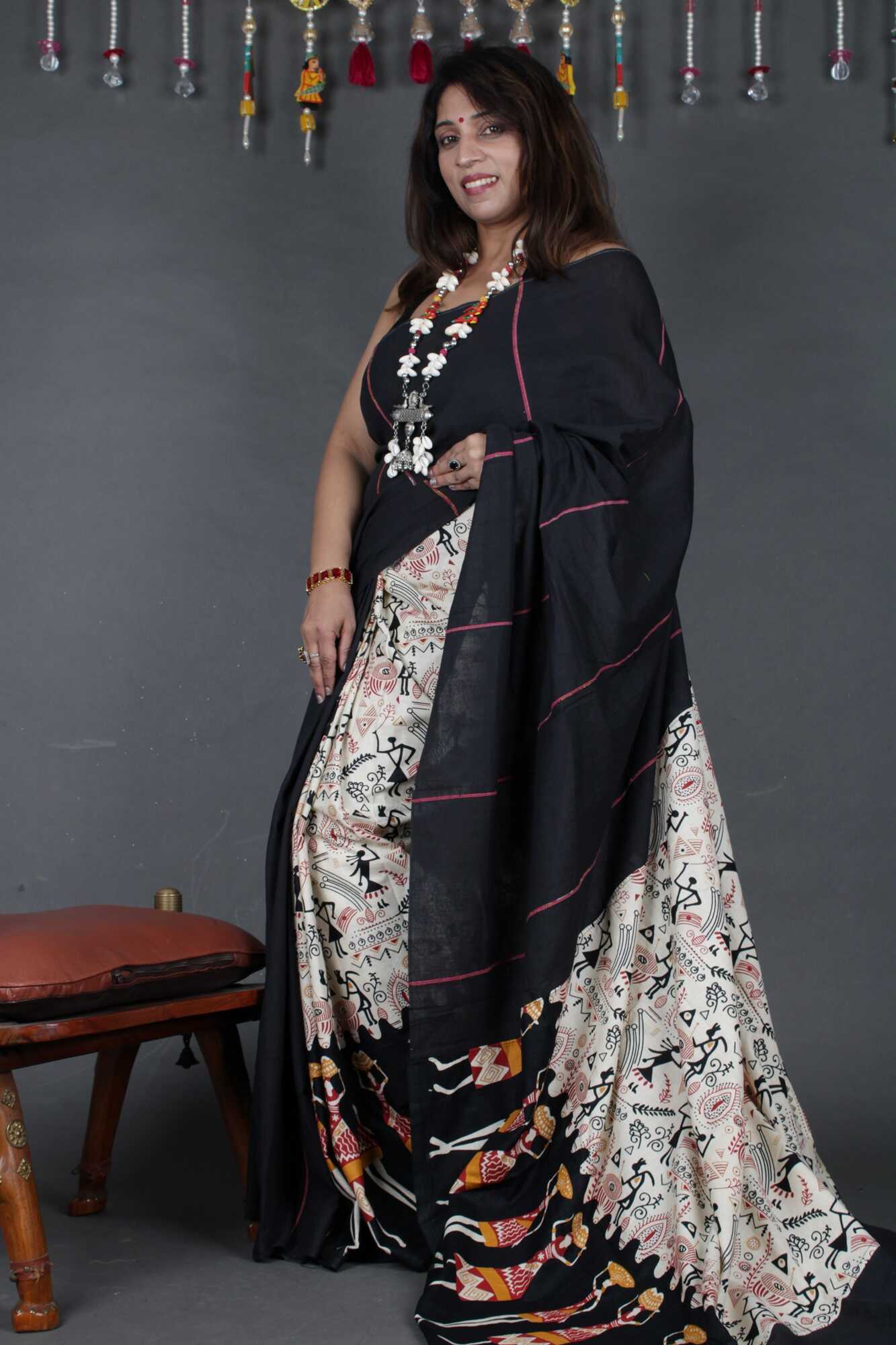 KHESH KHADI HALF N HALF - WARLI ART PRINTED WITH GHICHA WORK WRAP IN 1 MINUTE SAREE - Image 4