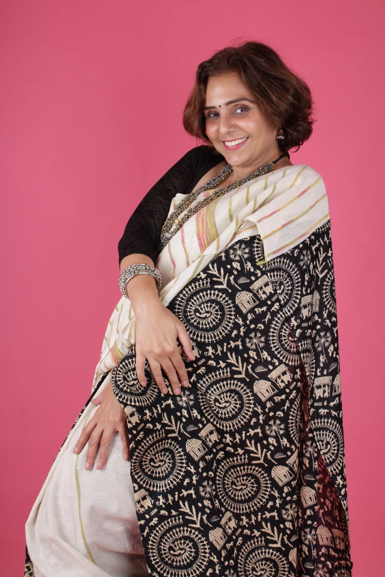 KHESH KHADI - WARLI ART PRINTED WITH GHICHA WORK WRAP IN 1 MINUTE SAREE - Image 5