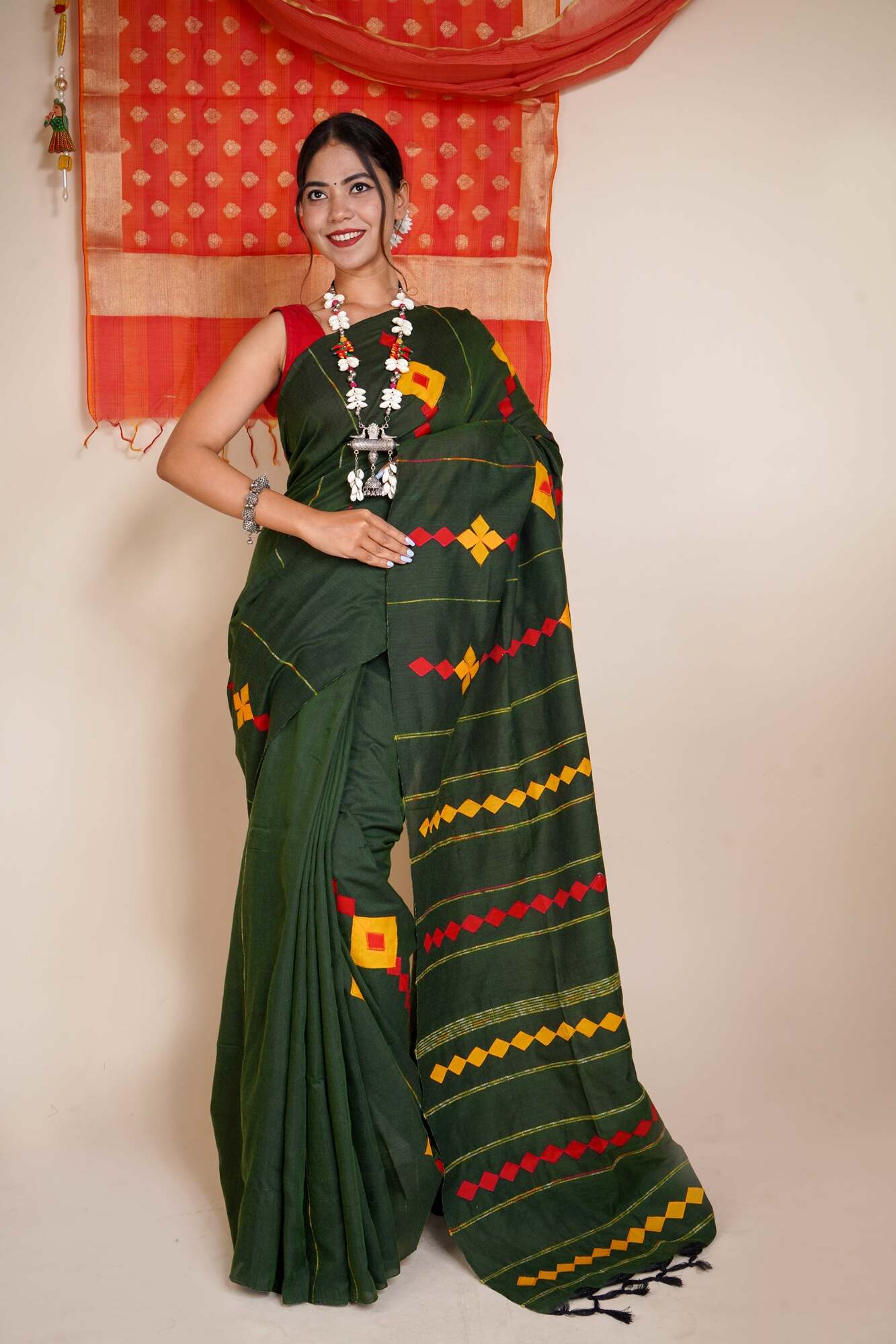 Khesh Pure Cotton Applique Work Ready to wear saree - Image 2