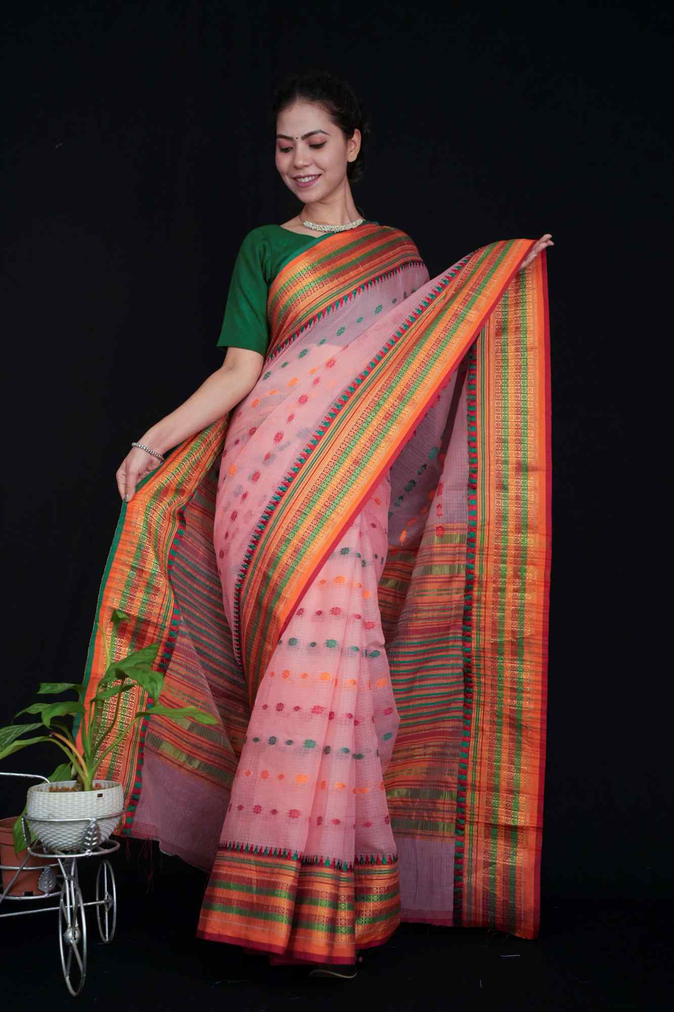 Kota Doria Cotton  With Overall Thread Work & Zari Border Wrap in 1 minute Saree - Image 2