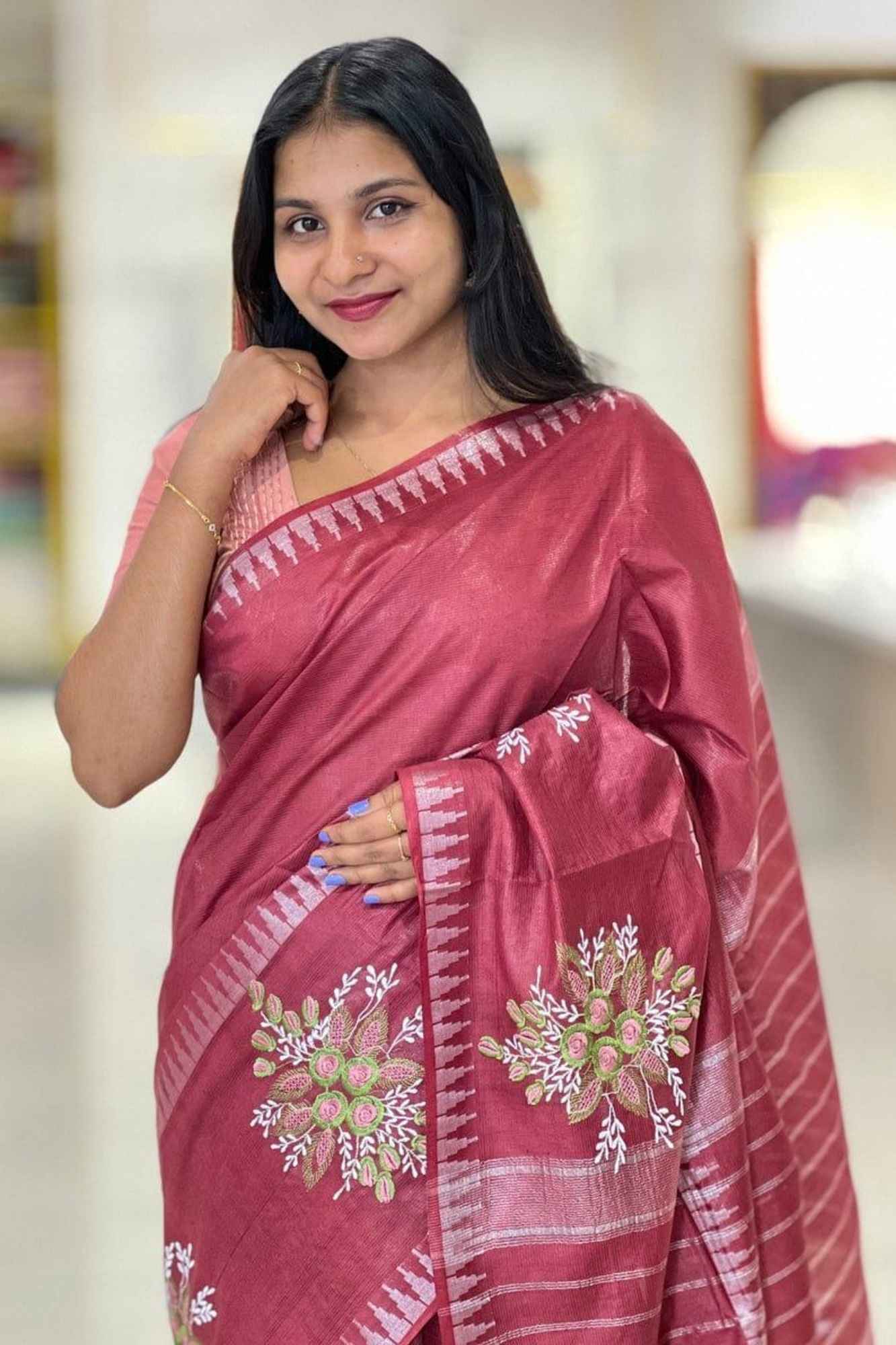 Kota Silk Staple Hand woven With Floral Embroidered Ready To Wear Saree - Image 10