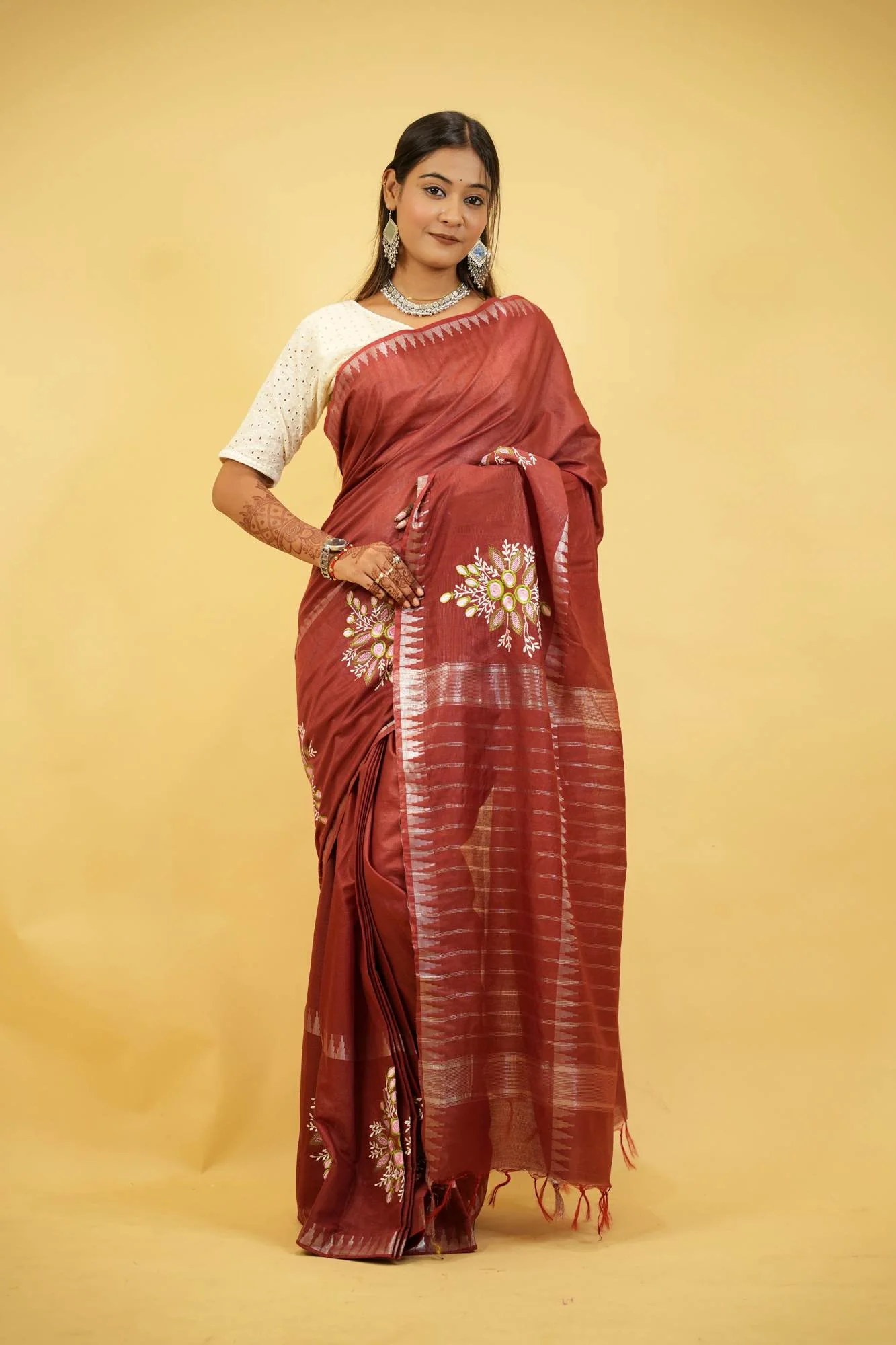 Kota Silk Staple Hand woven With Floral Embroidered Ready To Wear Saree - Image 5