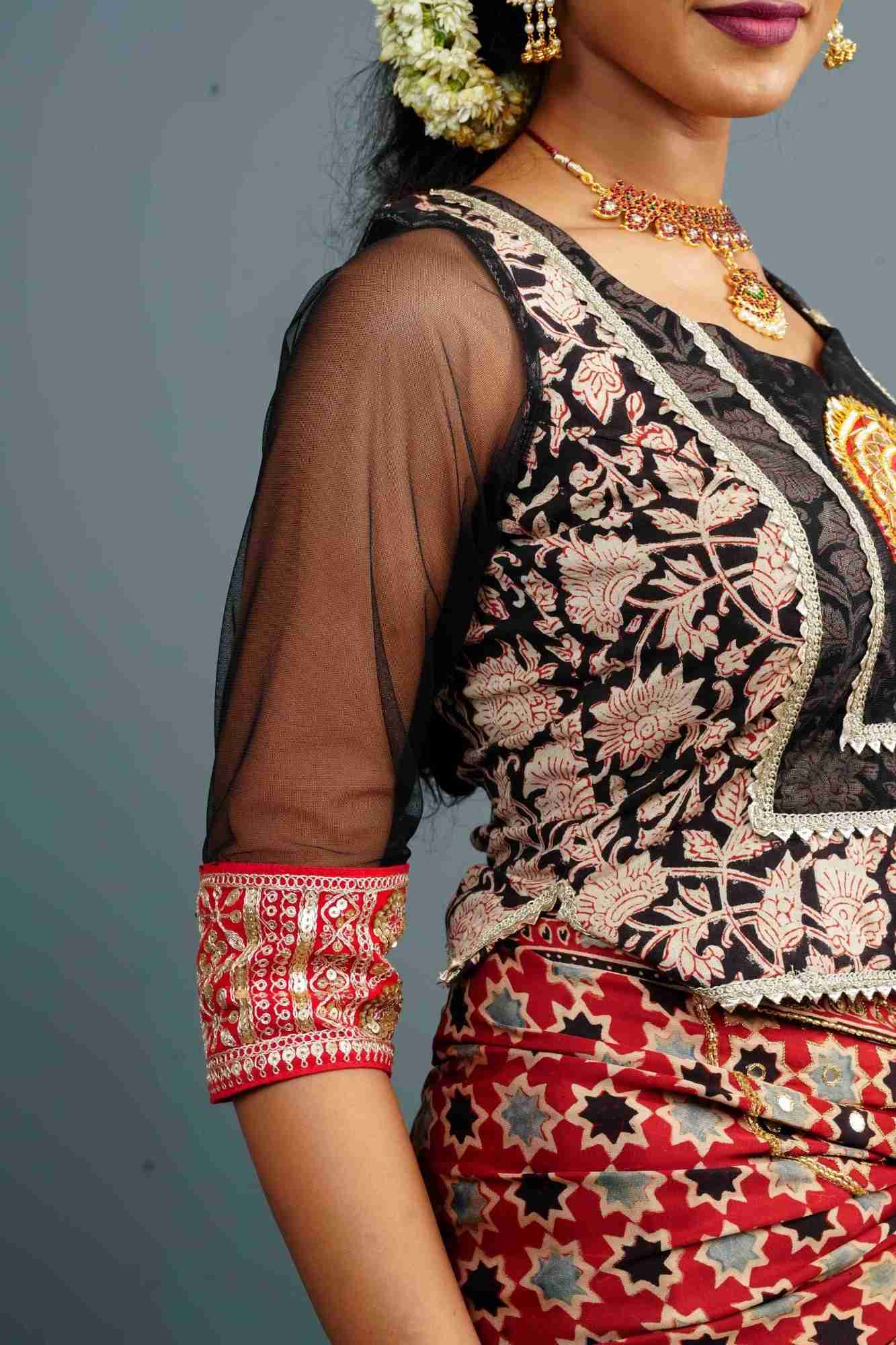 Koti Style Blouse in Black and red with Kalamkamkari Block Print, Net and Gota detailing and backless pattern, Customizable, Made to order! - Image 6
