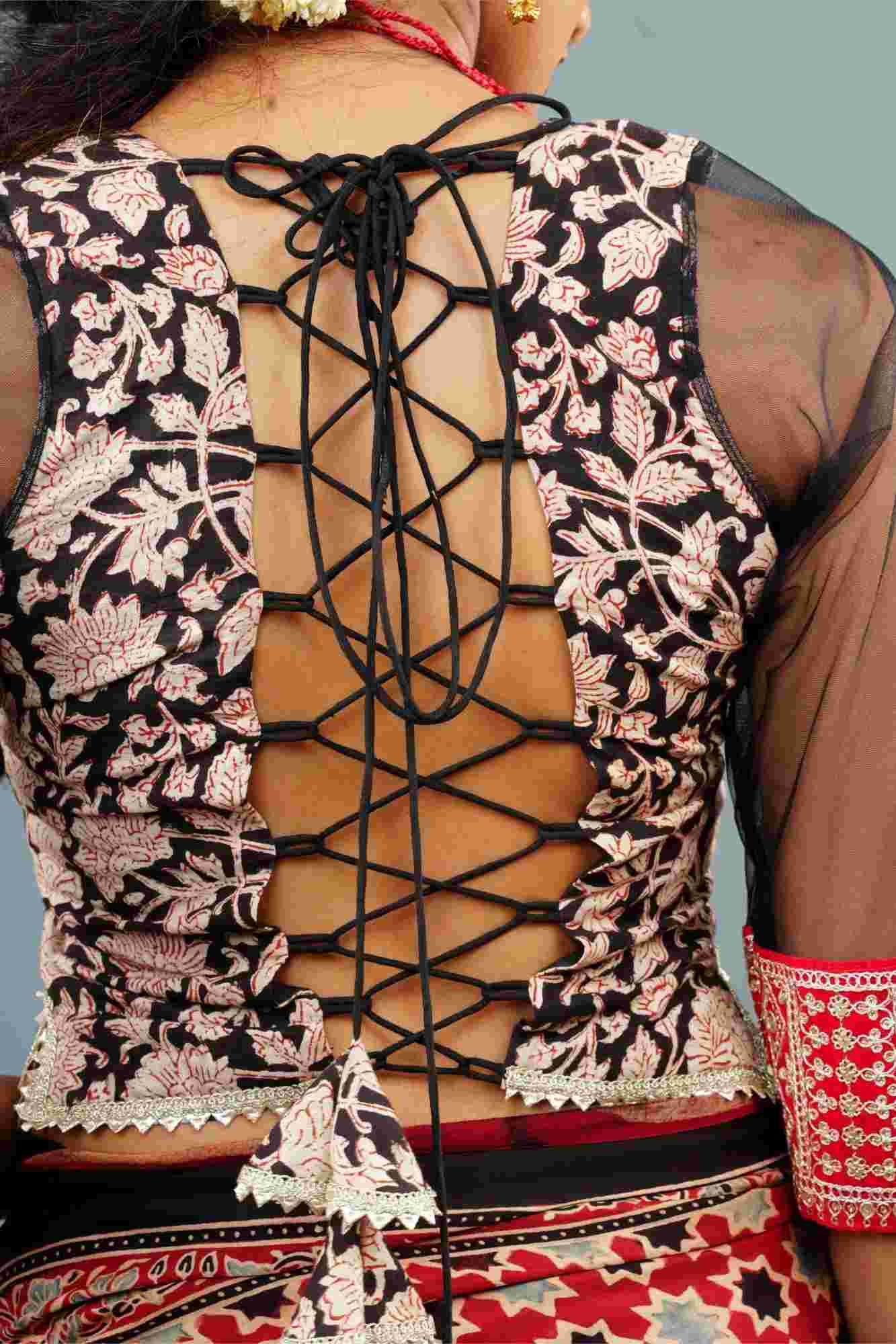 Koti Style Blouse in Black and red with Kalamkamkari Block Print, Net and Gota detailing and backless pattern, Customizable, Made to order! - Image 7