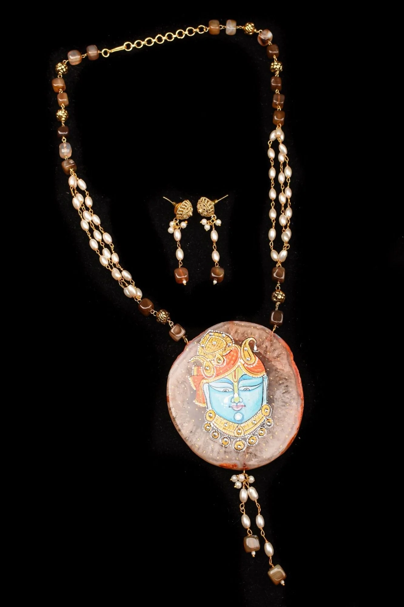 Krishna Face handpainted on Agate Stone Necklace Set - Image 2