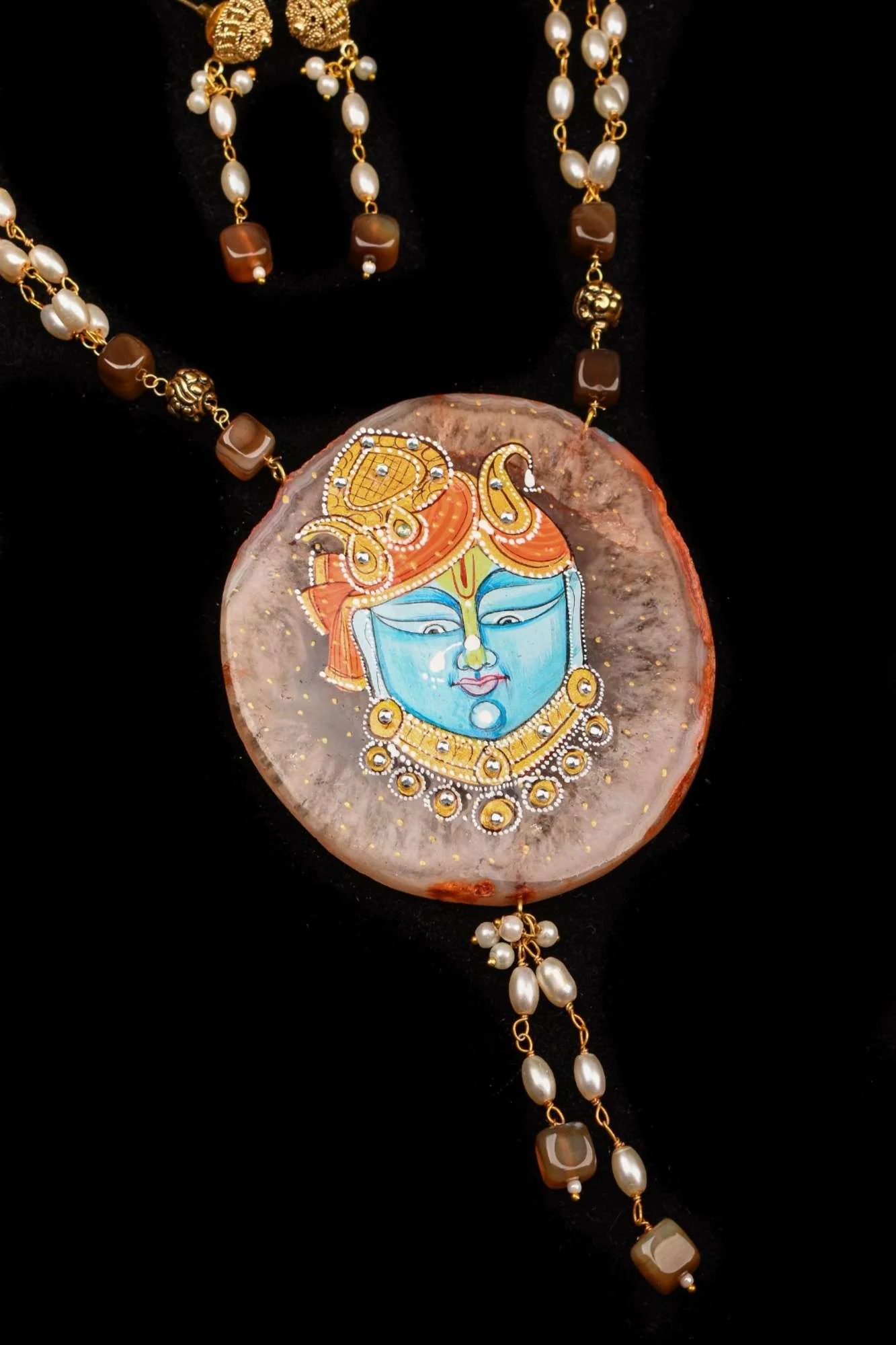 Krishna Face handpainted on Agate Stone Necklace Set - Image 4