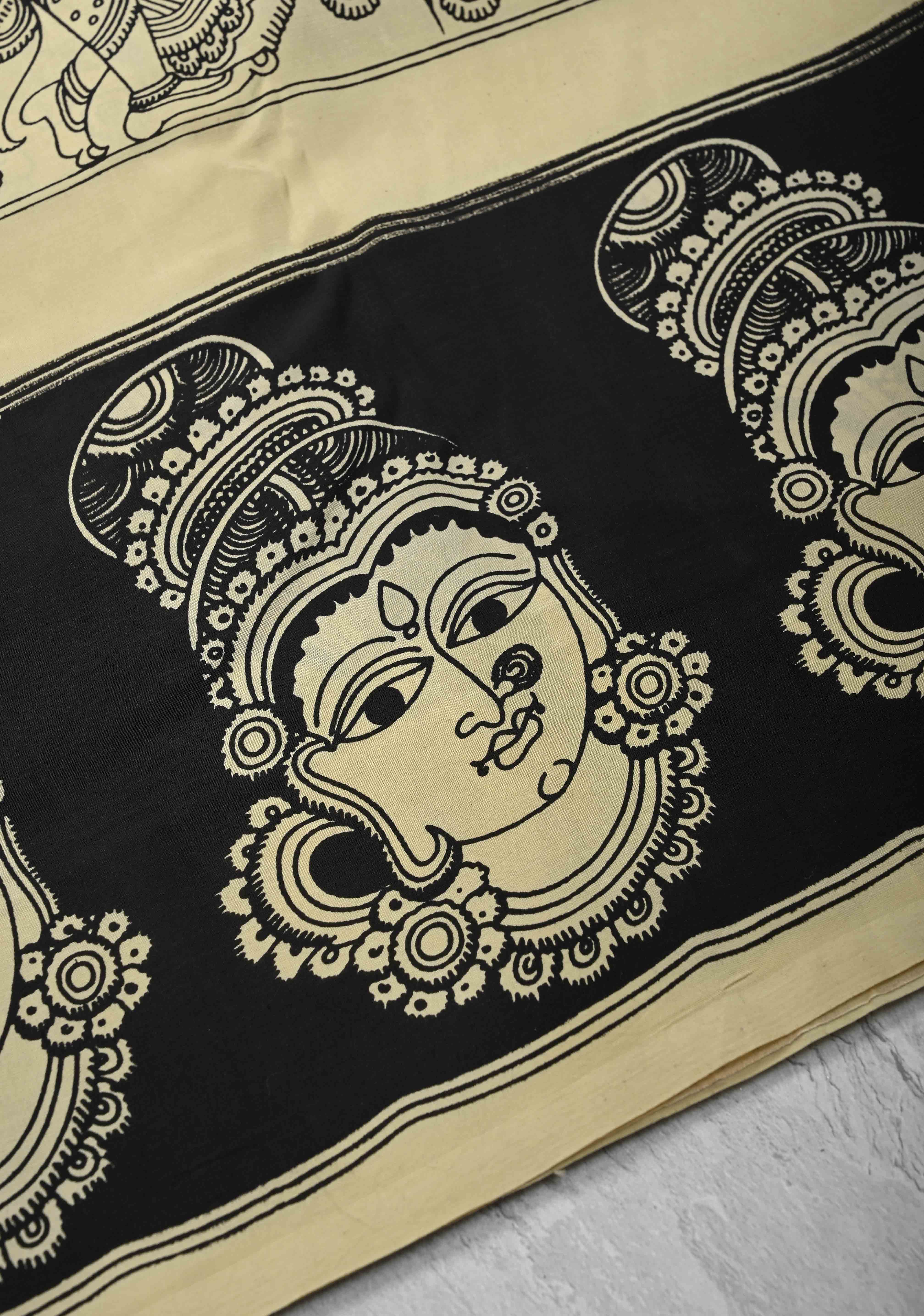 Krishna Pichwai & Dancing Queens Theme: Beige Art Silk Saree With Kalamkari Digital Print | Shobitam - Image 10