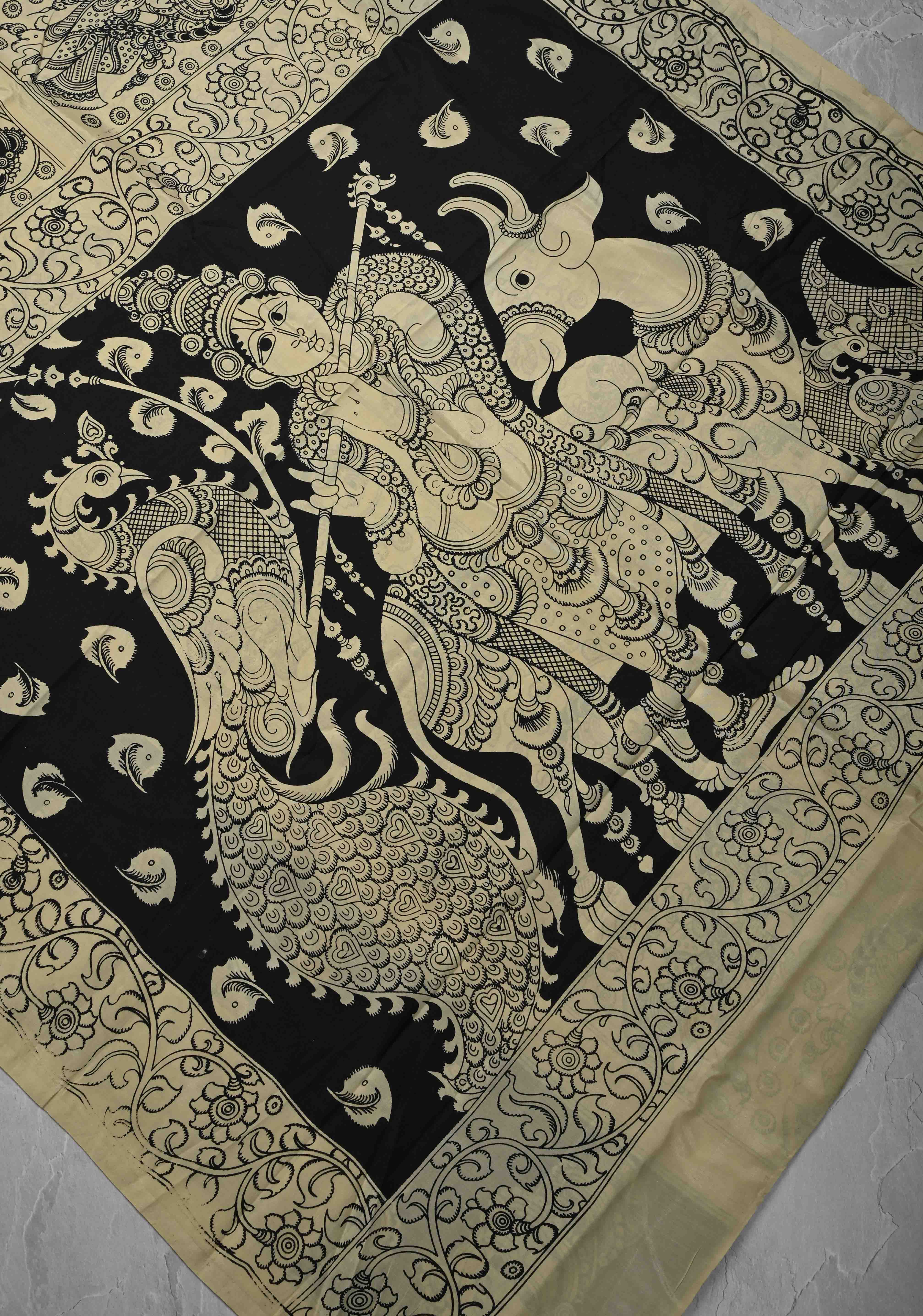 Krishna Pichwai & Dancing Queens Theme: Beige Art Silk Saree With Kalamkari Digital Print | Shobitam - Image 6