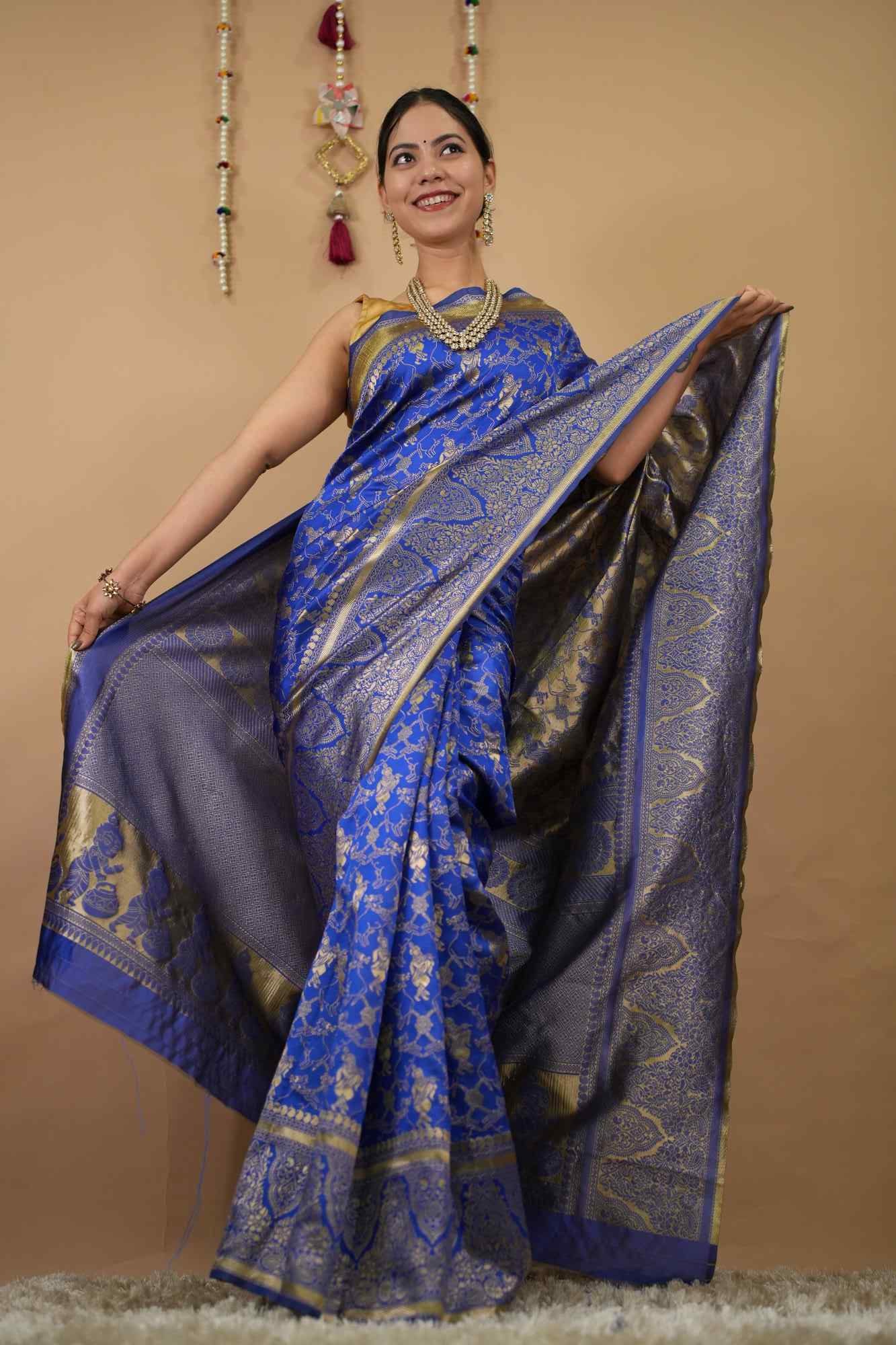 Krishna with flute motif woven kanjeevaram pattern ready to wear one minute saree - Image 3