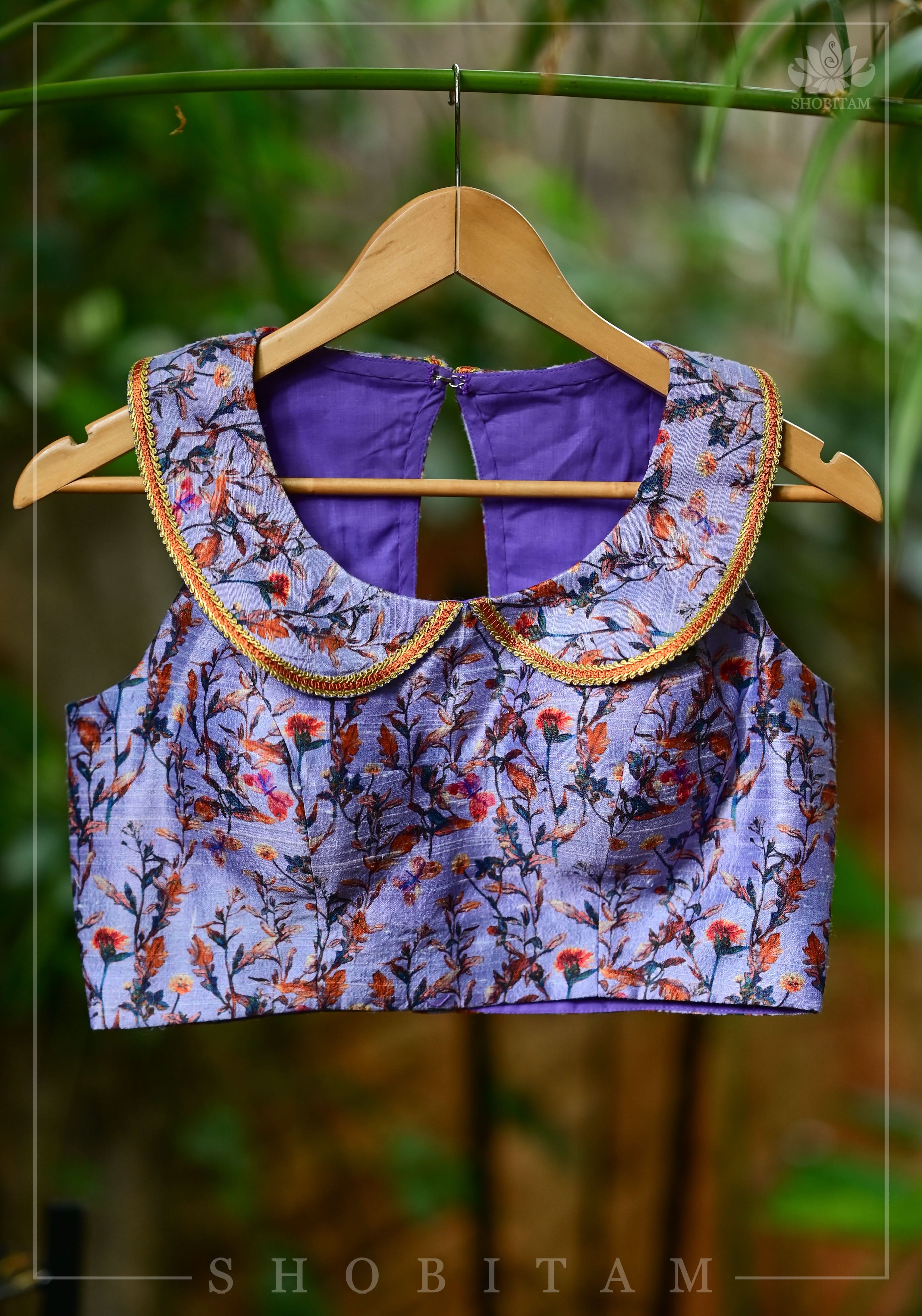 Lavender floral pure rawsilk collared blouse | Shobitam - Image 4