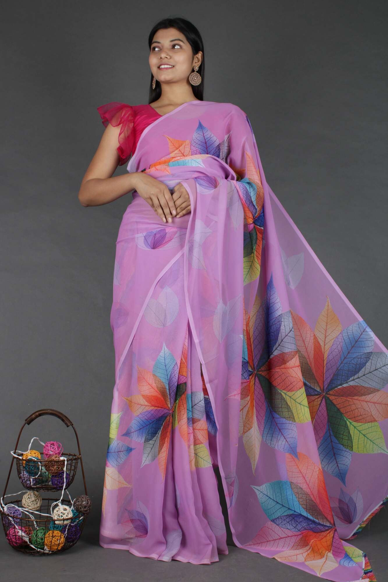 Lavender geometric multicolor flower printed Georgette wrap in 1 minute saree - Image 3
