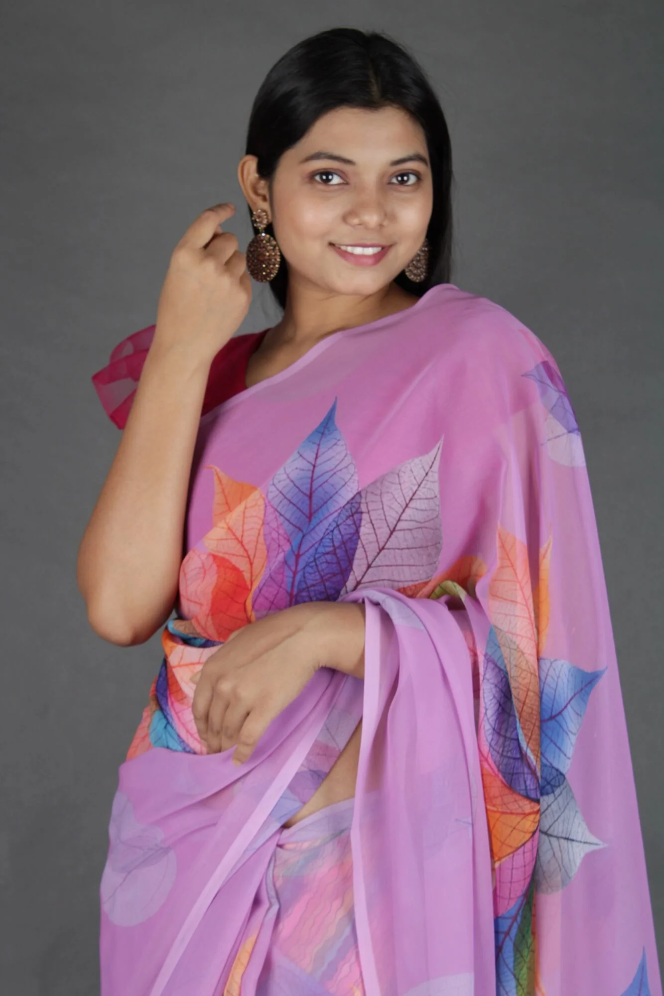 Lavender geometric multicolor flower printed Georgette wrap in 1 minute saree - Image 5