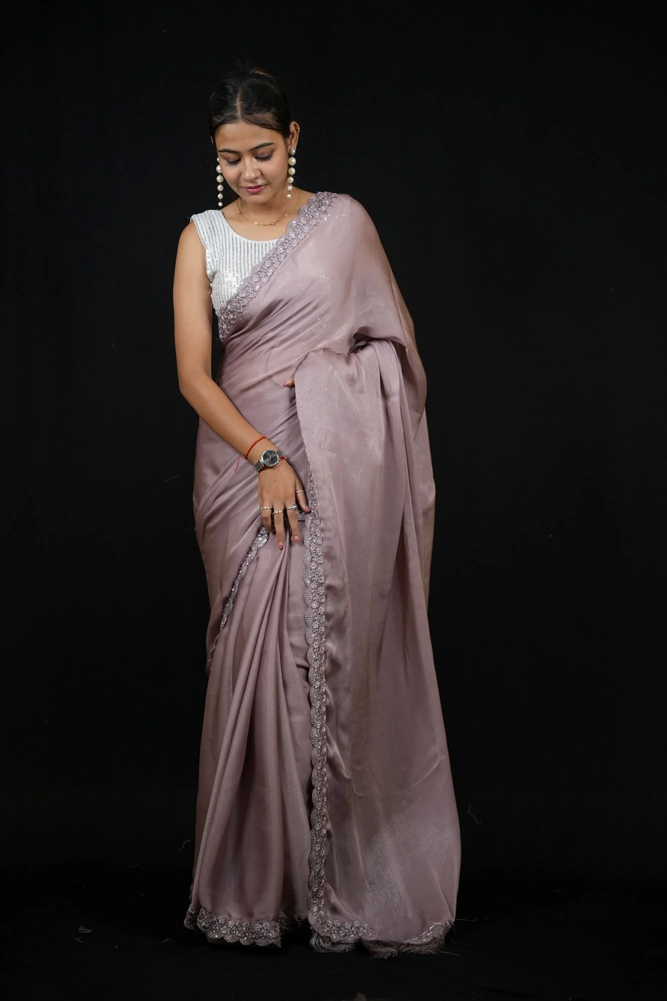 Lavender  Georgette with Hand-Embroidered Jacket Blouse Ready To Wear Saree - Image 9