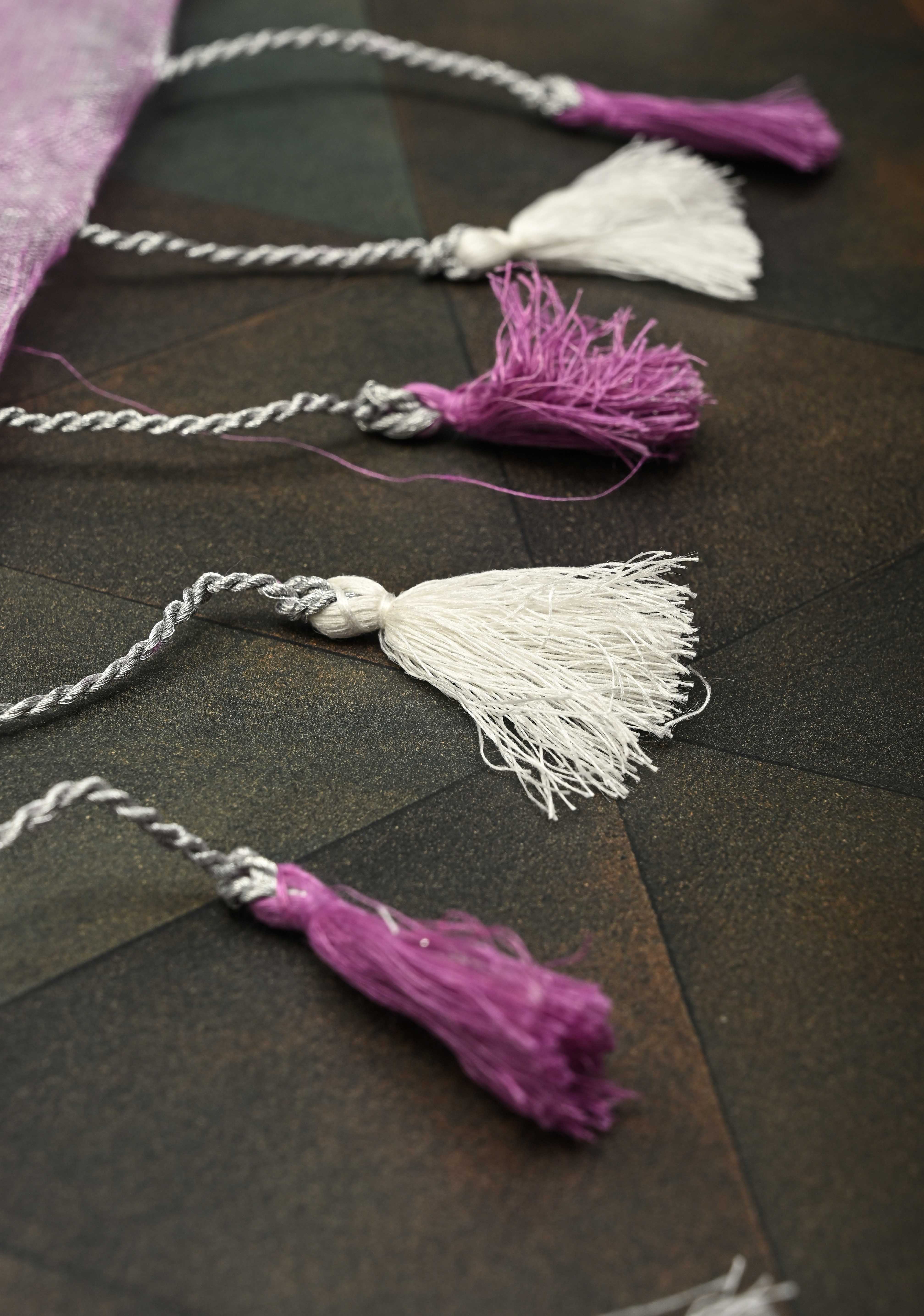 Hand Beadwork on Tissue Linen Saree in Lavender with Silver Tissue | Shobitam - Image 12