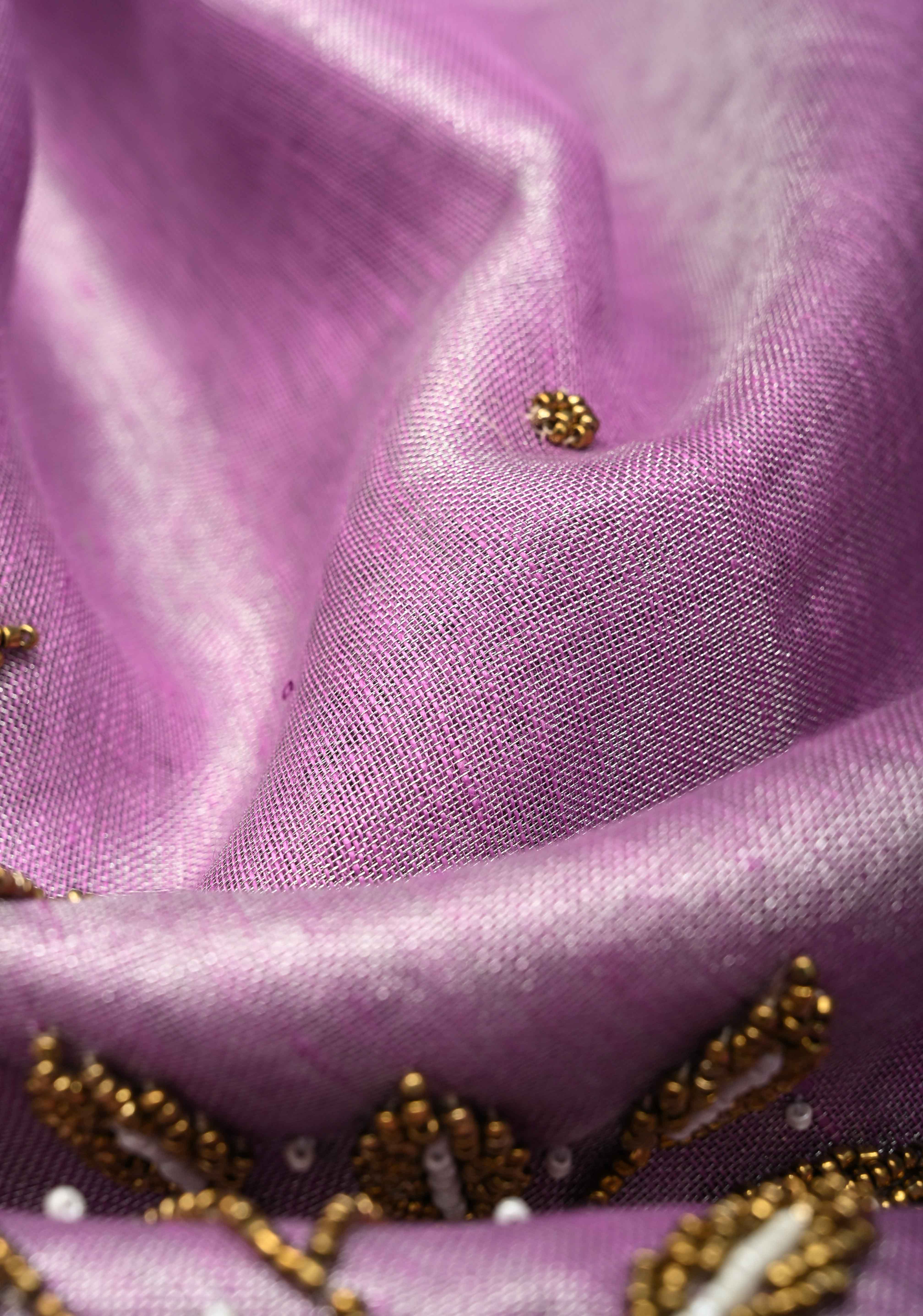 Hand Beadwork on Tissue Linen Saree in Lavender with Silver Tissue | Shobitam - Image 9