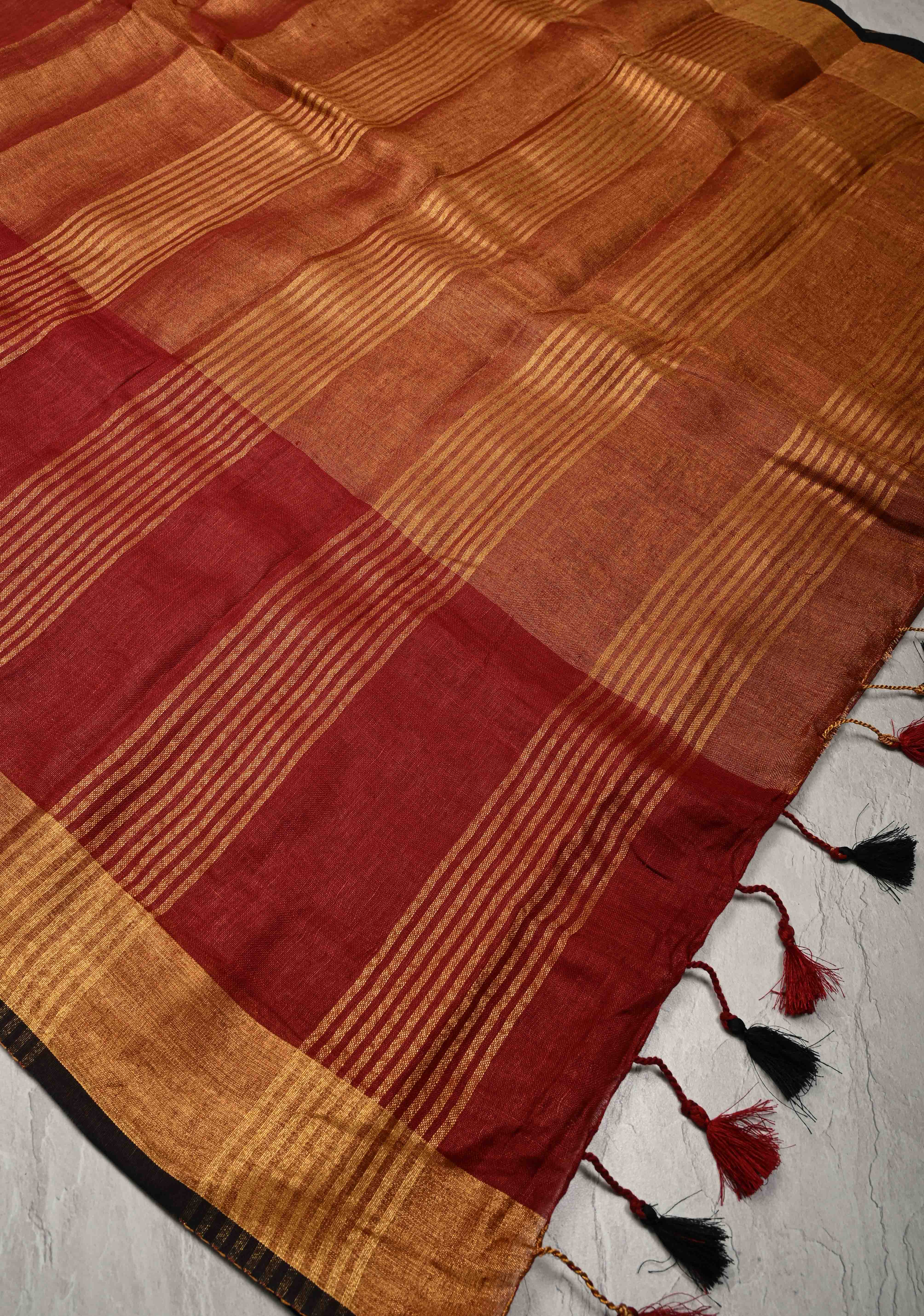 Maroon Tissue Body Linen Saree in Muted Antique Gold with Sona Rupa Polka Dots Skirt Border - Image 8