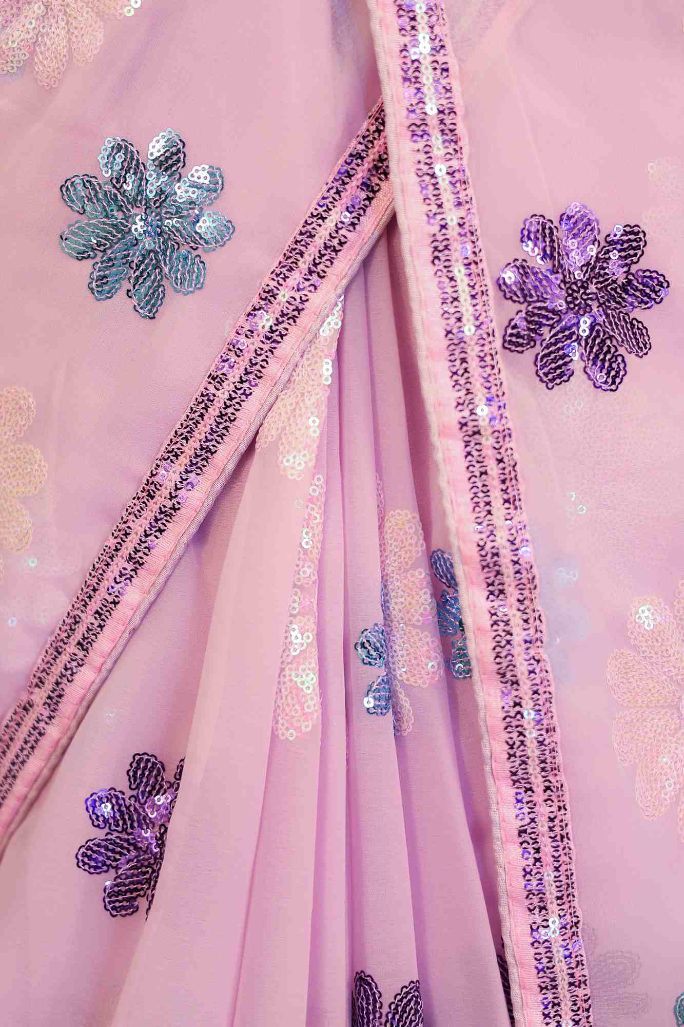 Lavender Toned Georgette With Sequin Interwoven Motif &  Lace border 1 Minute Saree - Image 5