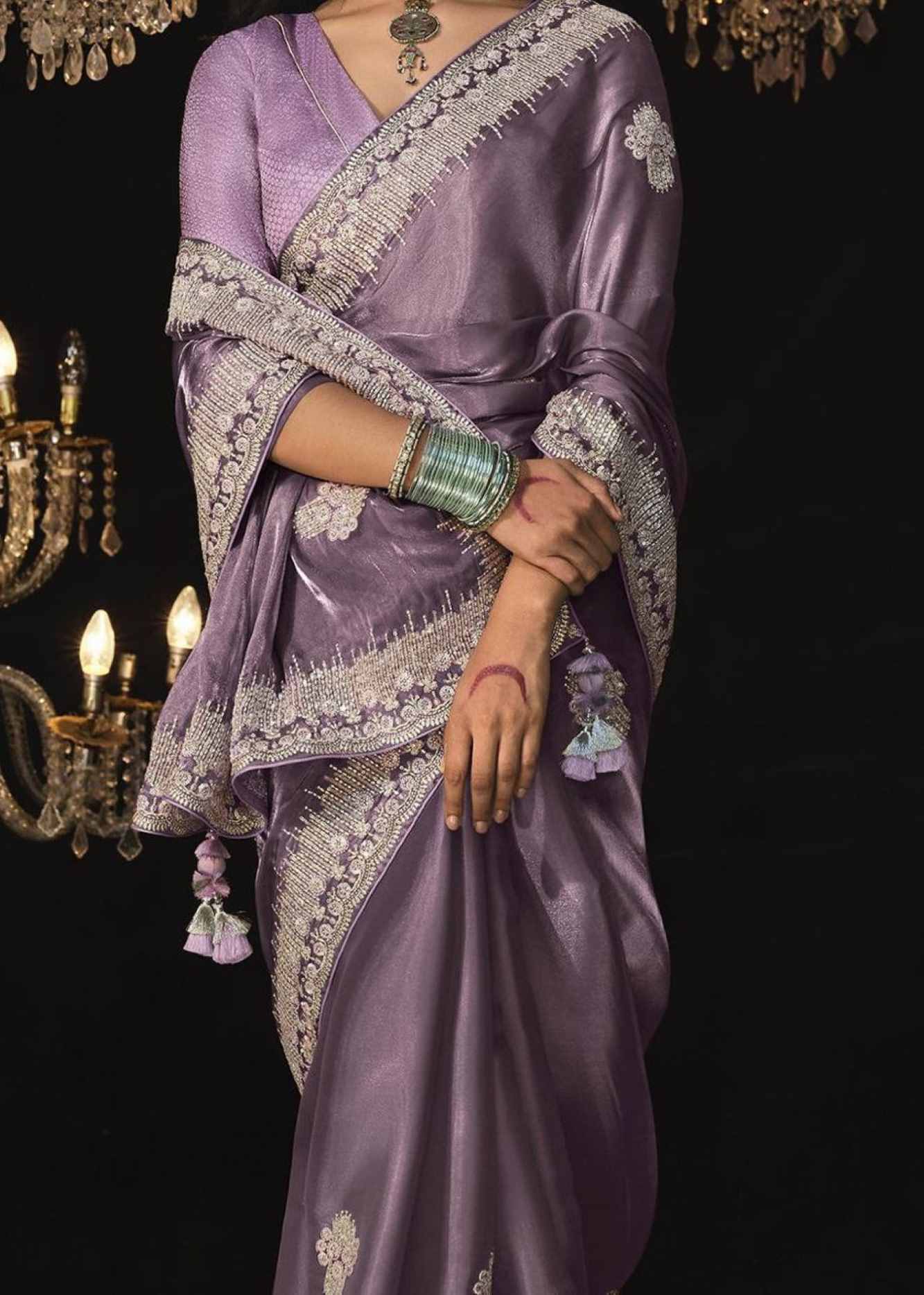 Lavender Traditional Sequin & Zari Embroidered With Pure Crystal Silk Chiffon silk Wrap in 1 minute saree - Image 2