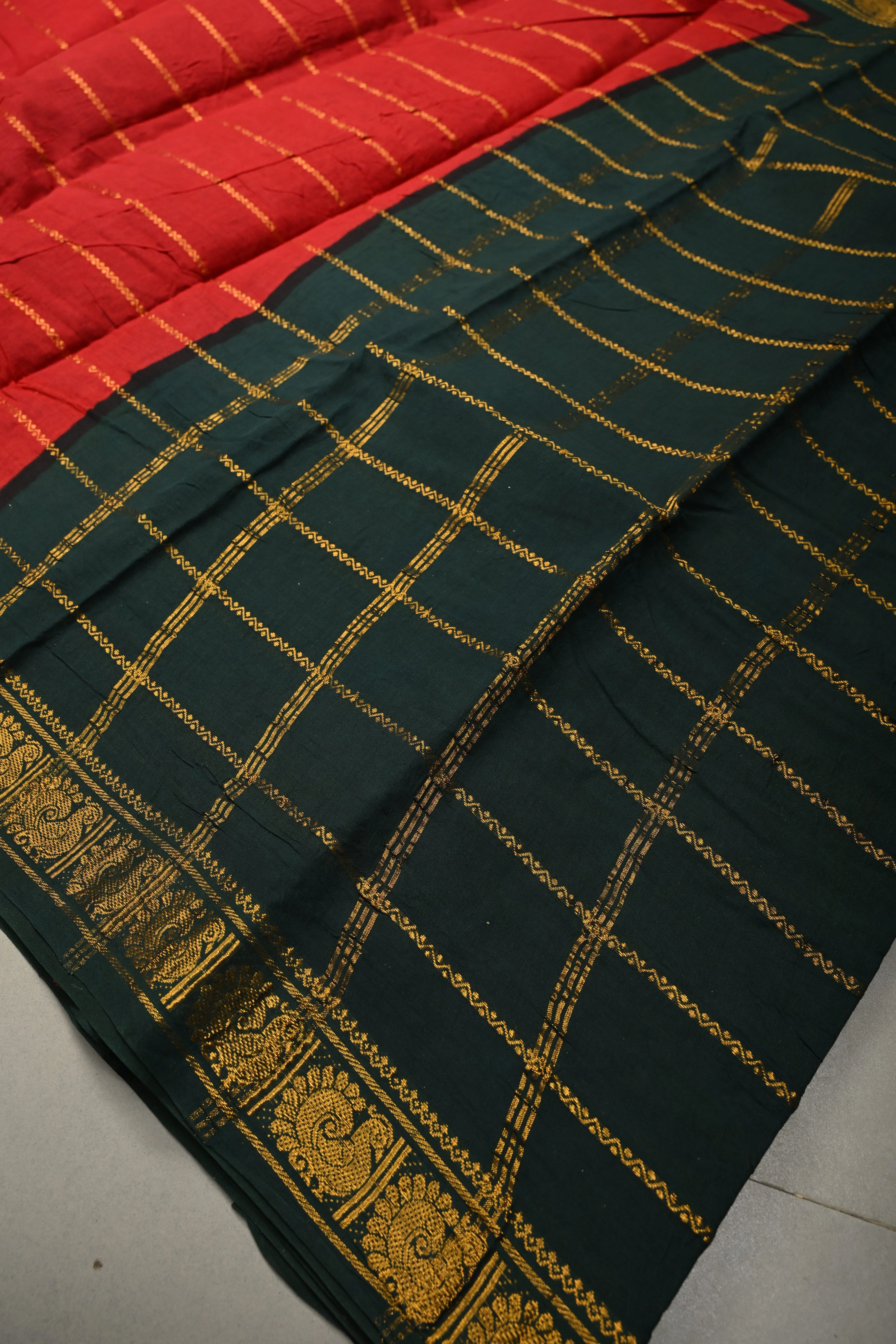 Carmine Red Pure Madurai Cotton Saree with Veldhari Zari Stripes and Contrast Zari Border | Shobitam - Image 6