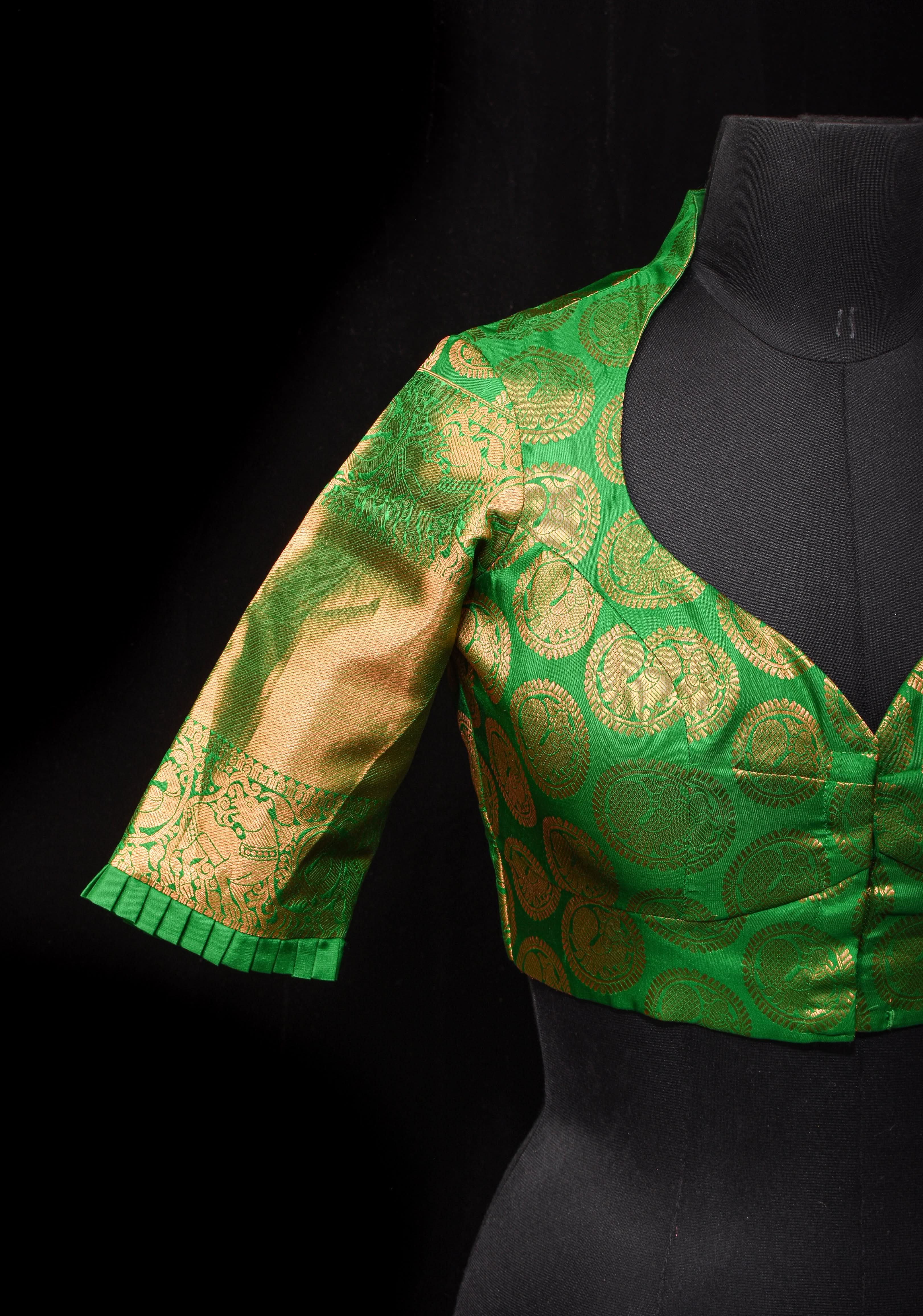 Leaf Green Pure Silk Kanjivaram Brocade Blouse with rising sun cutout and Potli Button detailing,  Made to Order, Customization | Shobitam - Image 7