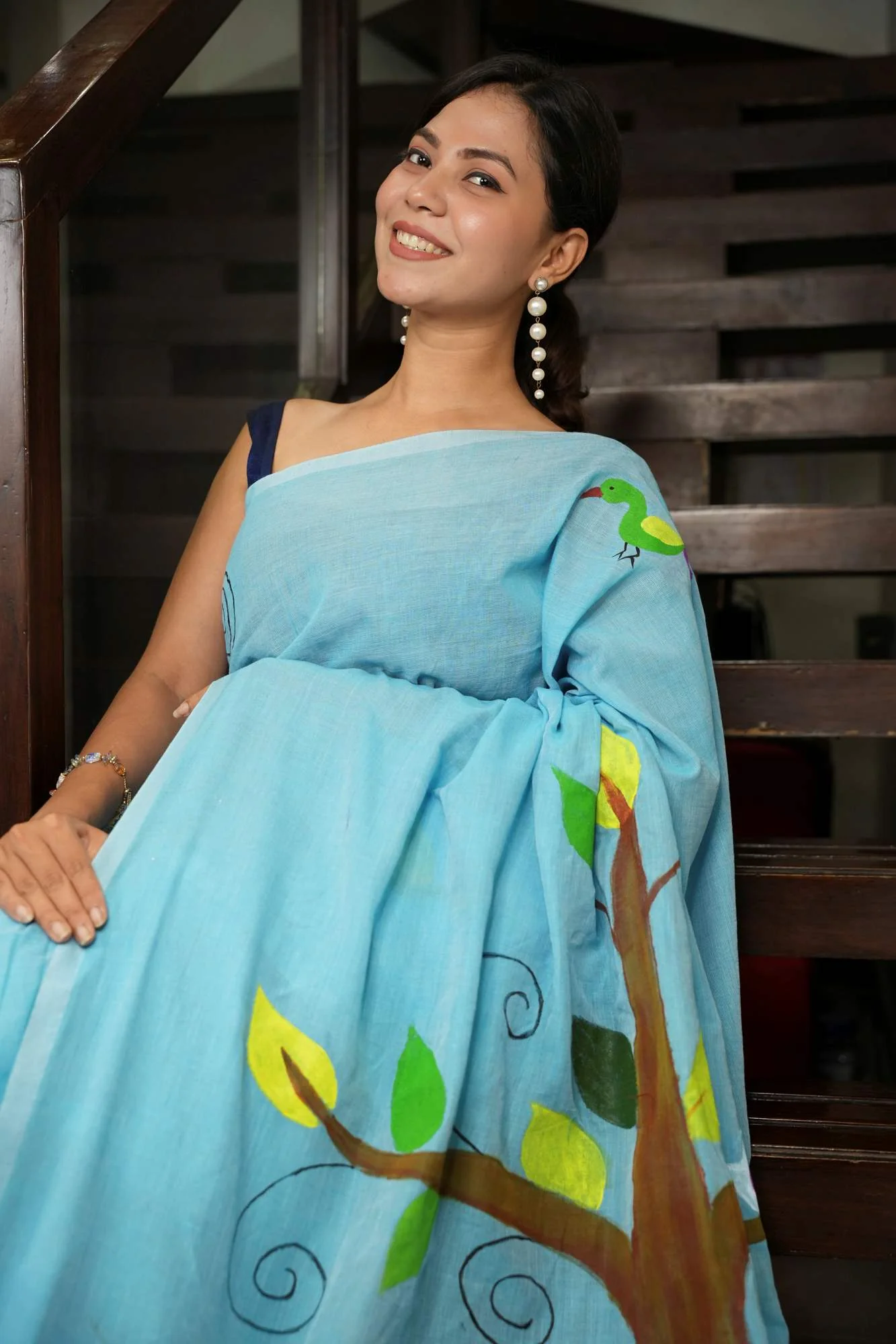 Light Blue Mulmul Cotton with Hand-Painted Tree & Birds Motif Ready To Wear Saree - Image 9