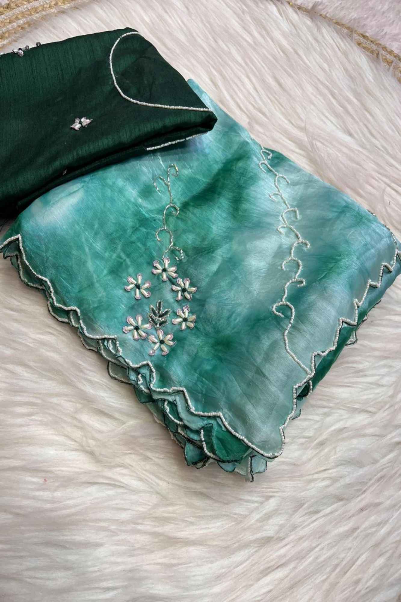 Light & Dark Green Organza White Floral Embroidery & Scalloped Border Ready To Wear Saree - Image 2